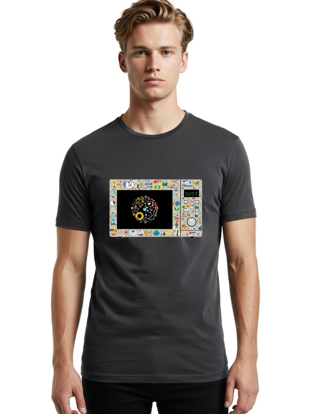 Microwave-With-Yin-Yang-Symbol Men'S Graphic Tee, 100% Cotton, Comfortable Casual Summer Wear, Machine Washable, Vintage Camera, Old Camera, Antique Camera, Black Camera, Classic Photography, Photography Equipment, Nostalgic Device, Bao653