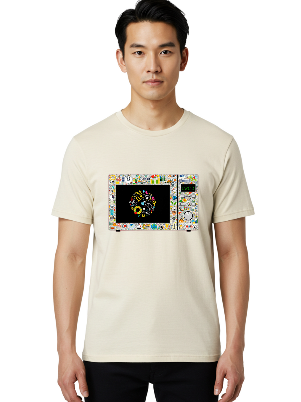 Microwave-With-Yin-Yang-Symbol Men'S Graphic Tee, 100% Cotton, Comfortable Casual Summer Wear, Machine Washable, Vintage Camera, Old Camera, Antique Camera, Black Camera, Classic Photography, Photography Equipment, Nostalgic Device, Bao653