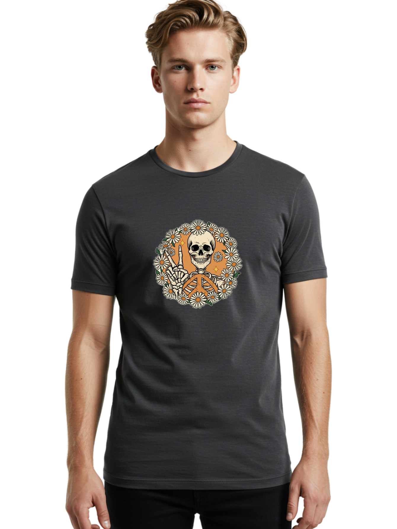 Peace-Sign-Skeleton Men'S Graphic Tee, 100% Cotton, Comfortable Casual Summer Wear, Machine Washable, Vintage Camera, Old Camera, Antique Camera, Black Camera, Classic Photography, Photography Equipment, Nostalgic Device, Film Camera, Bao736