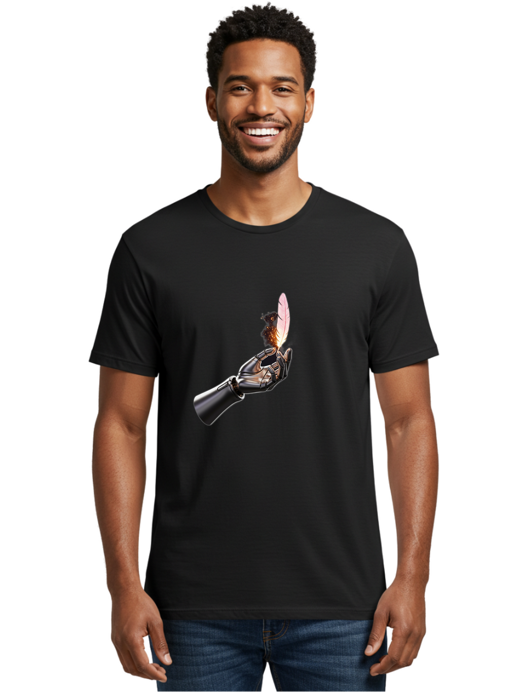 Robot-Hand-Holding-Feather-1 Men'S Graphic Tee, 100% Cotton, Comfortable Casual Summer Wear, Machine Washable, Vintage Camera, Old Camera, Antique Camera, Black Camera, Classic Photography, Photography Equipment, Nostalgic Device, Film Camera, Bao802