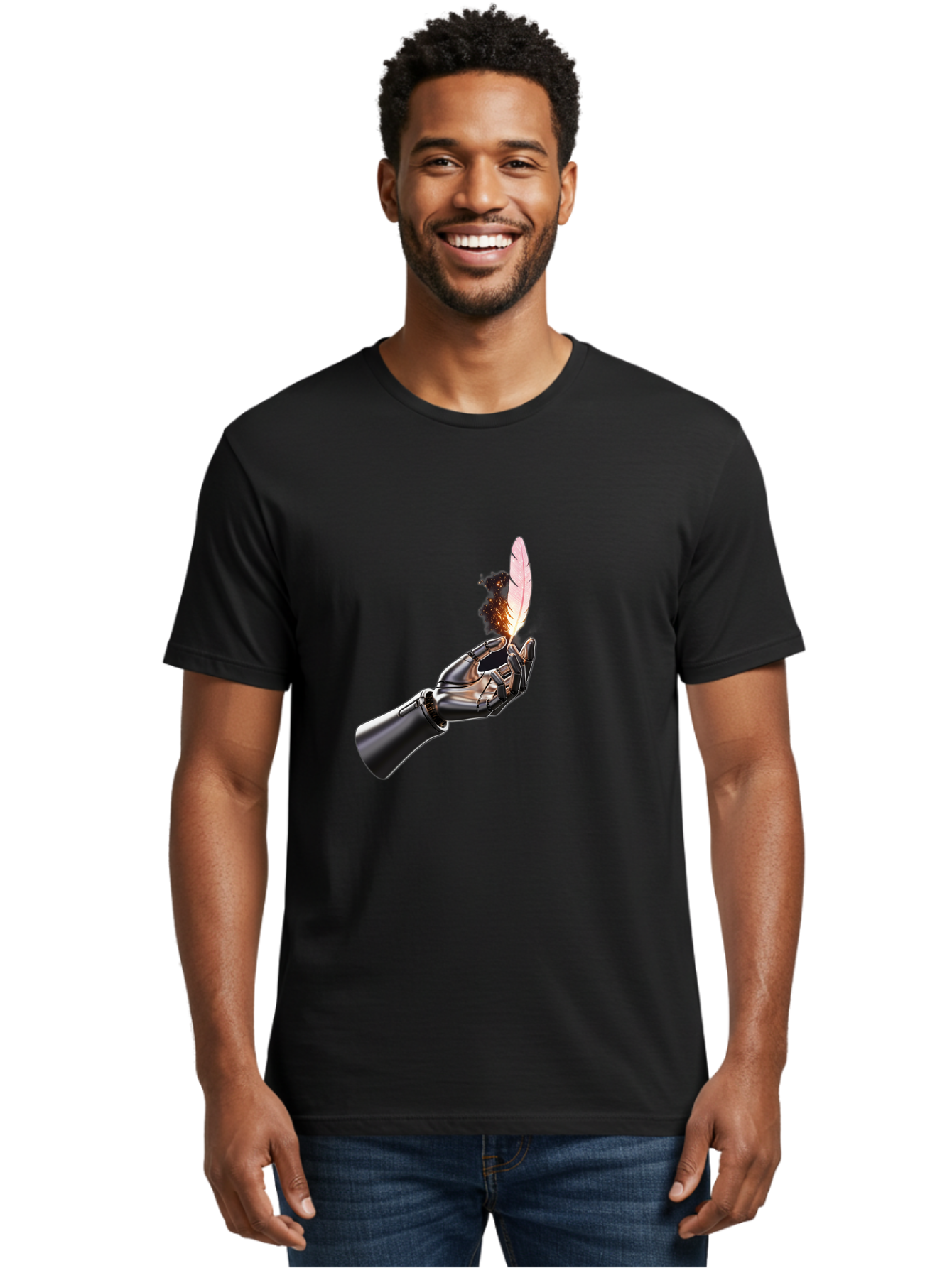 Robot-Hand-Holding-Feather-1 Men'S Graphic Tee, 100% Cotton, Comfortable Casual Summer Wear, Machine Washable, Vintage Camera, Old Camera, Antique Camera, Black Camera, Classic Photography, Photography Equipment, Nostalgic Device, Film Camera, Bao802