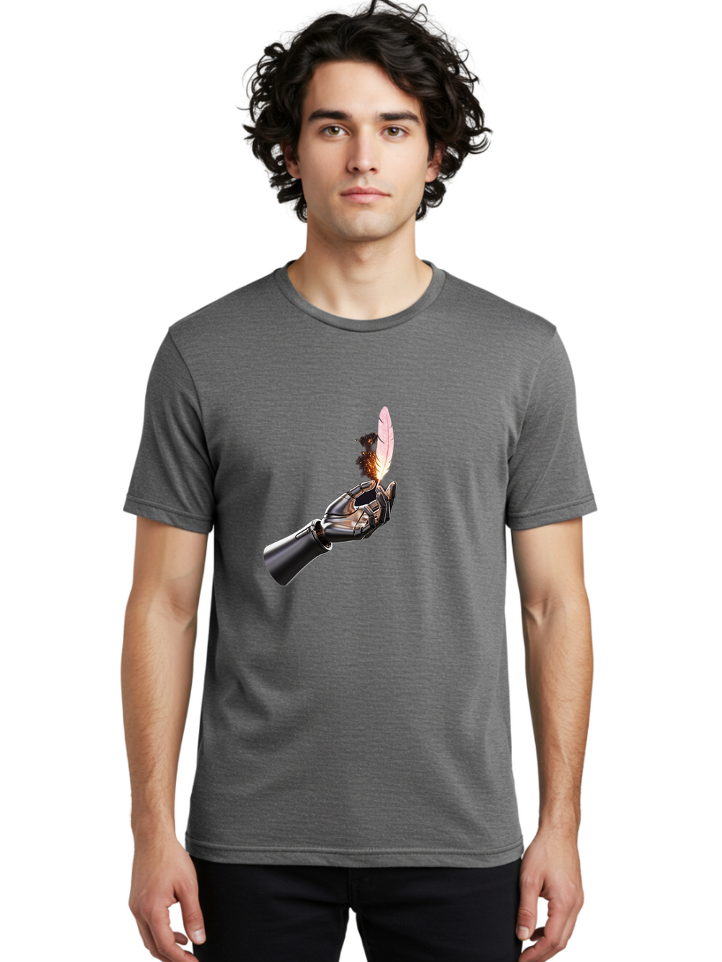Robot-Hand-Holding-Feather-1 Men'S Graphic Tee, 100% Cotton, Comfortable Casual Summer Wear, Machine Washable, Vintage Camera, Old Camera, Antique Camera, Black Camera, Classic Photography, Photography Equipment, Nostalgic Device, Film Camera, Bao802
