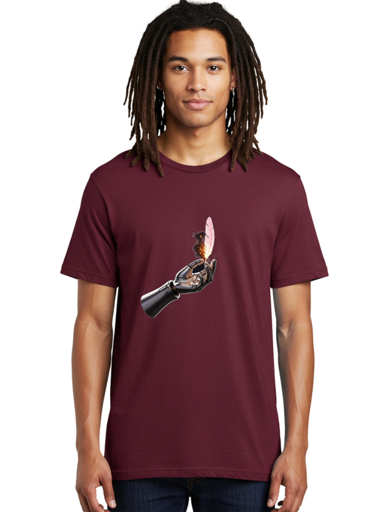 Robot-Hand-Holding-Feather-1 Men'S Graphic Tee, 100% Cotton, Comfortable Casual Summer Wear, Machine Washable, Vintage Camera, Old Camera, Antique Camera, Black Camera, Classic Photography, Photography Equipment, Nostalgic Device, Film Camera, Bao802