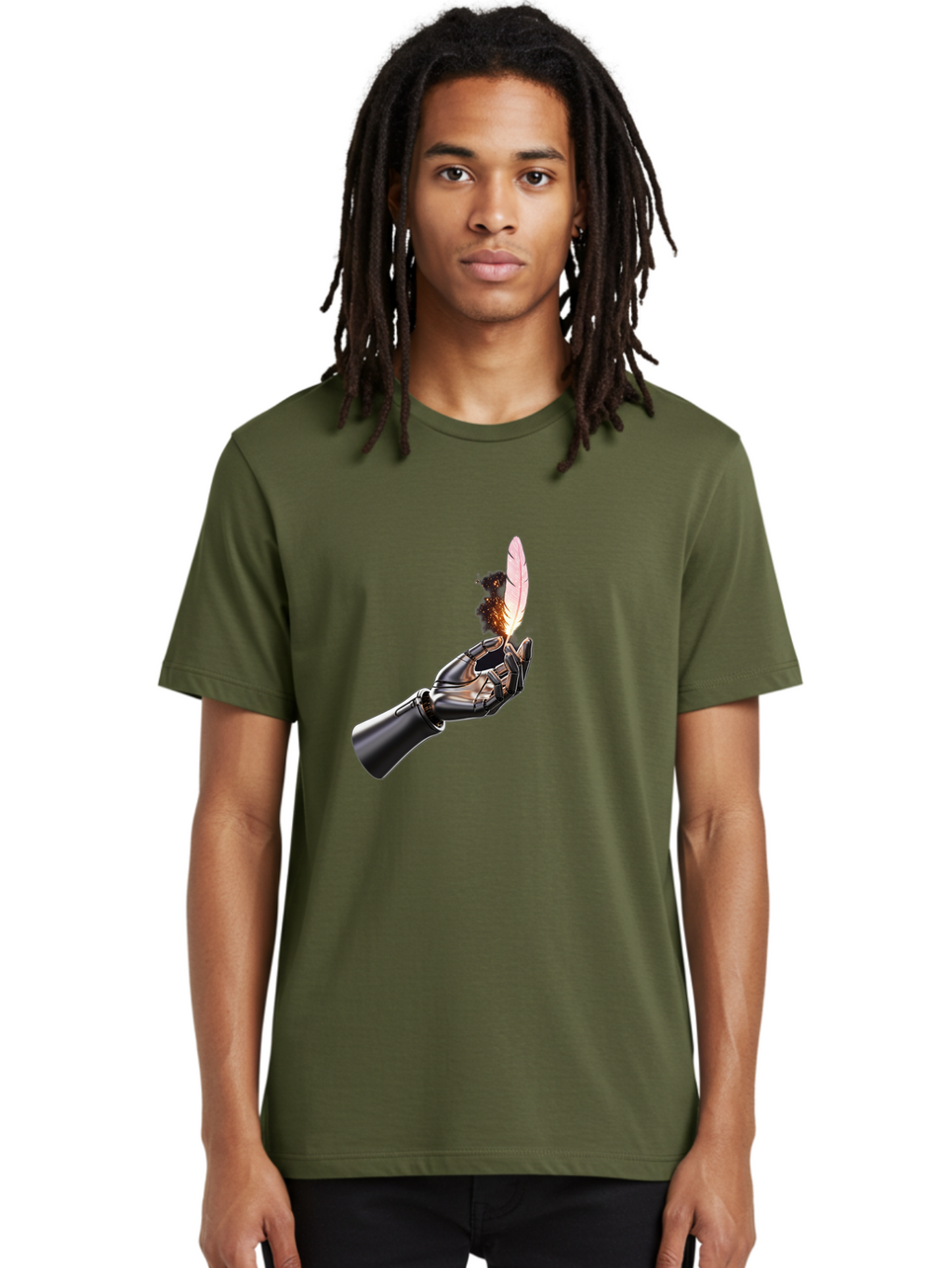 Robot-Hand-Holding-Feather-1 Men'S Graphic Tee, 100% Cotton, Comfortable Casual Summer Wear, Machine Washable, Vintage Camera, Old Camera, Antique Camera, Black Camera, Classic Photography, Photography Equipment, Nostalgic Device, Film Camera, Bao802