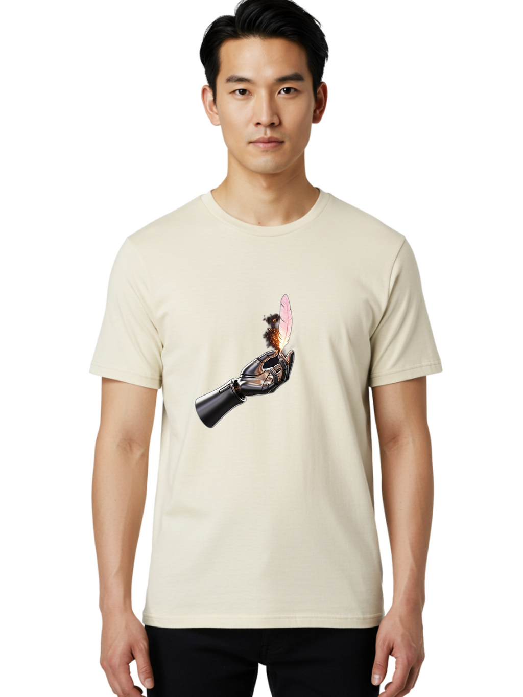 Robot-Hand-Holding-Feather-1 Men'S Graphic Tee, 100% Cotton, Comfortable Casual Summer Wear, Machine Washable, Vintage Camera, Old Camera, Antique Camera, Black Camera, Classic Photography, Photography Equipment, Nostalgic Device, Film Camera, Bao802