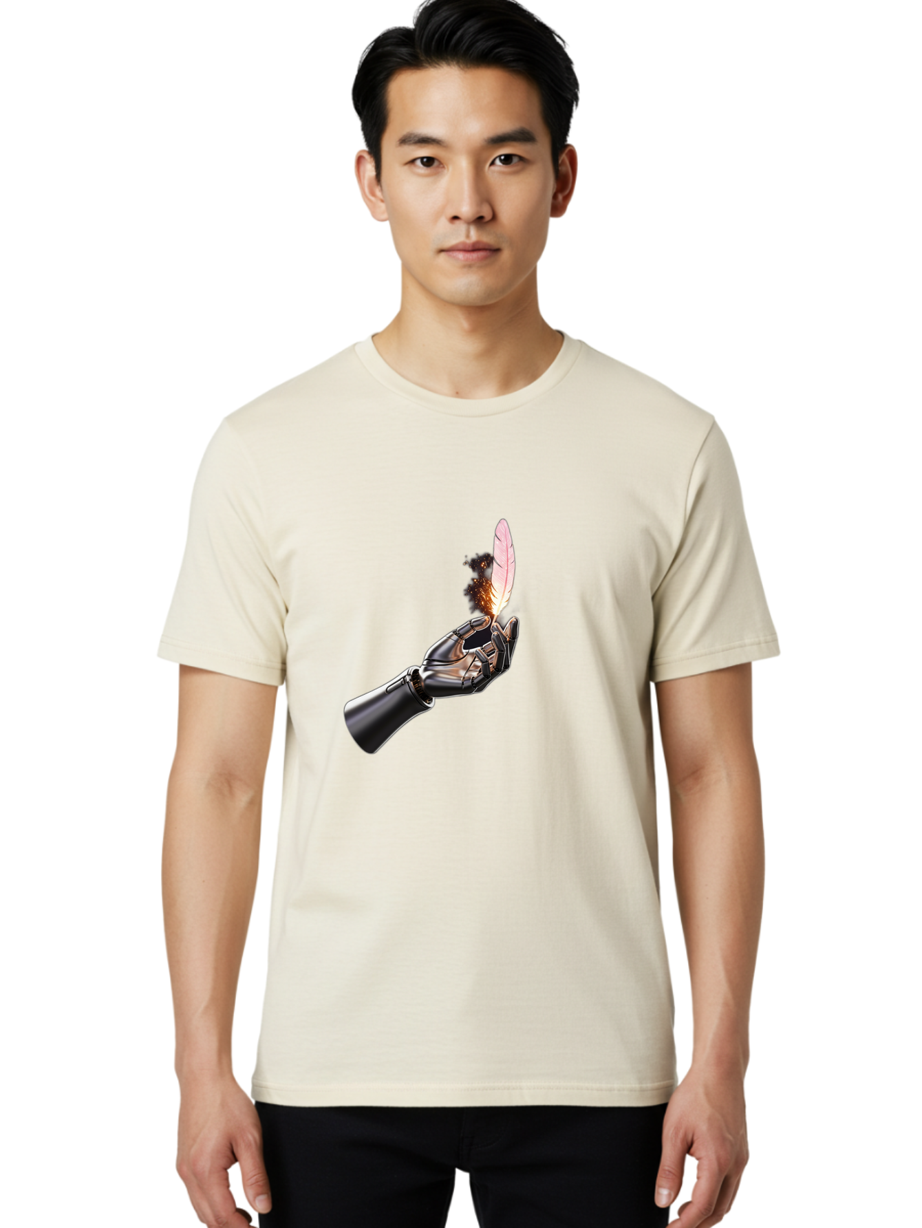 Robot-Hand-Holding-Feather-1 Men'S Graphic Tee, 100% Cotton, Comfortable Casual Summer Wear, Machine Washable, Vintage Camera, Old Camera, Antique Camera, Black Camera, Classic Photography, Photography Equipment, Nostalgic Device, Film Camera, Bao802