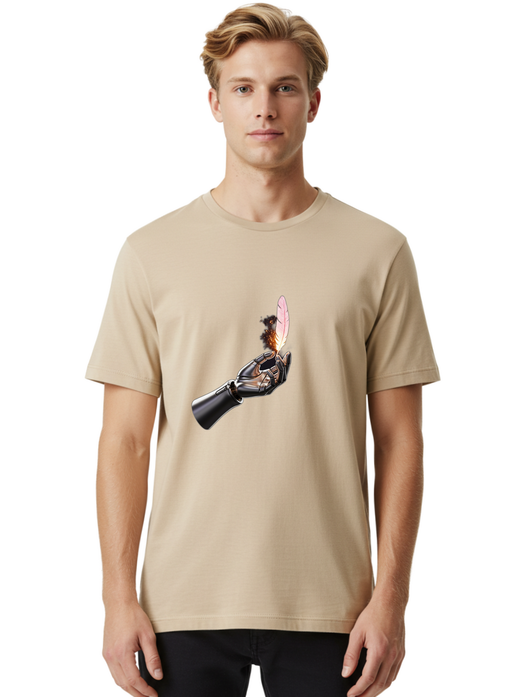 Robot-Hand-Holding-Feather-1 Men'S Graphic Tee, 100% Cotton, Comfortable Casual Summer Wear, Machine Washable, Vintage Camera, Old Camera, Antique Camera, Black Camera, Classic Photography, Photography Equipment, Nostalgic Device, Film Camera, Bao802