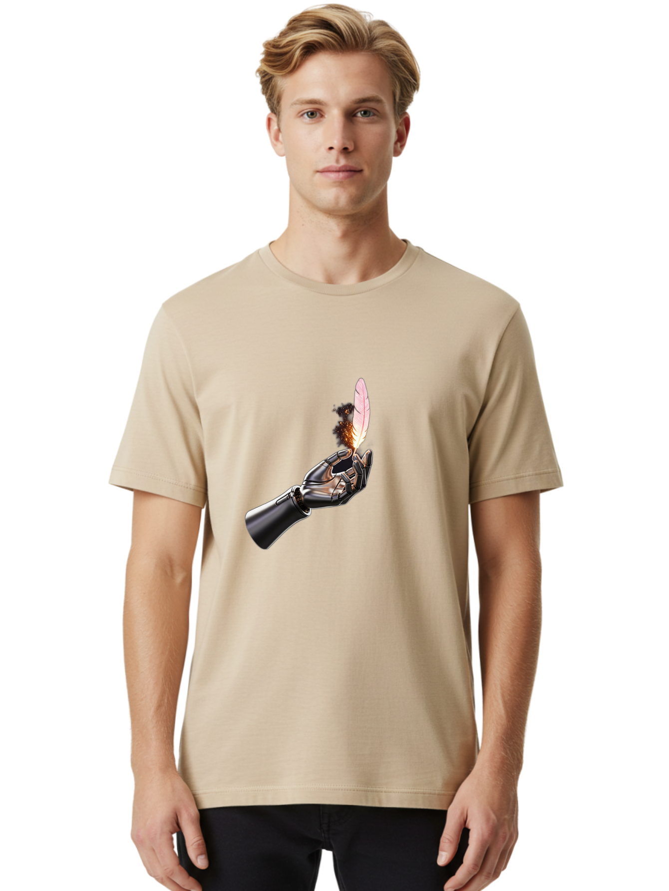 Robot-Hand-Holding-Feather-1 Men'S Graphic Tee, 100% Cotton, Comfortable Casual Summer Wear, Machine Washable, Vintage Camera, Old Camera, Antique Camera, Black Camera, Classic Photography, Photography Equipment, Nostalgic Device, Film Camera, Bao802