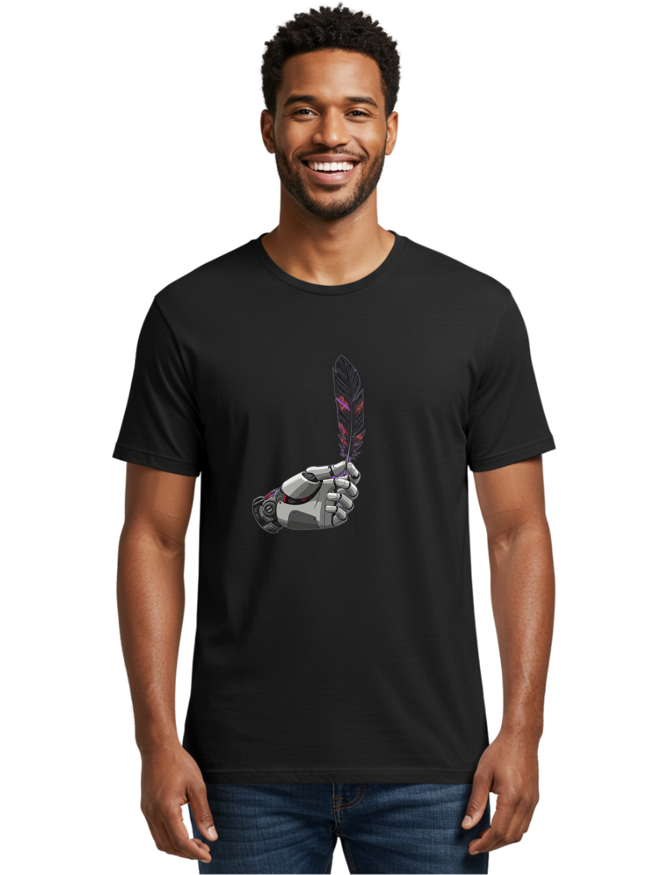 Robot-Hand-Holding-Feather Men'S Graphic Tee, 100% Cotton, Comfortable Casual Summer Wear, Machine Washable, Vintage Camera, Old Camera, Antique Camera, Black Camera, Classic Photography, Photography Equipment, Nostalgic Device, Film Camera, Bao803