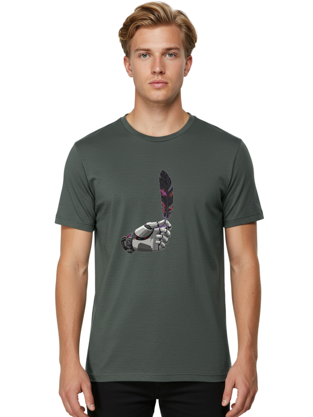 Robot-Hand-Holding-Feather Men'S Graphic Tee, 100% Cotton, Comfortable Casual Summer Wear, Machine Washable, Vintage Camera, Old Camera, Antique Camera, Black Camera, Classic Photography, Photography Equipment, Nostalgic Device, Film Camera, Bao803