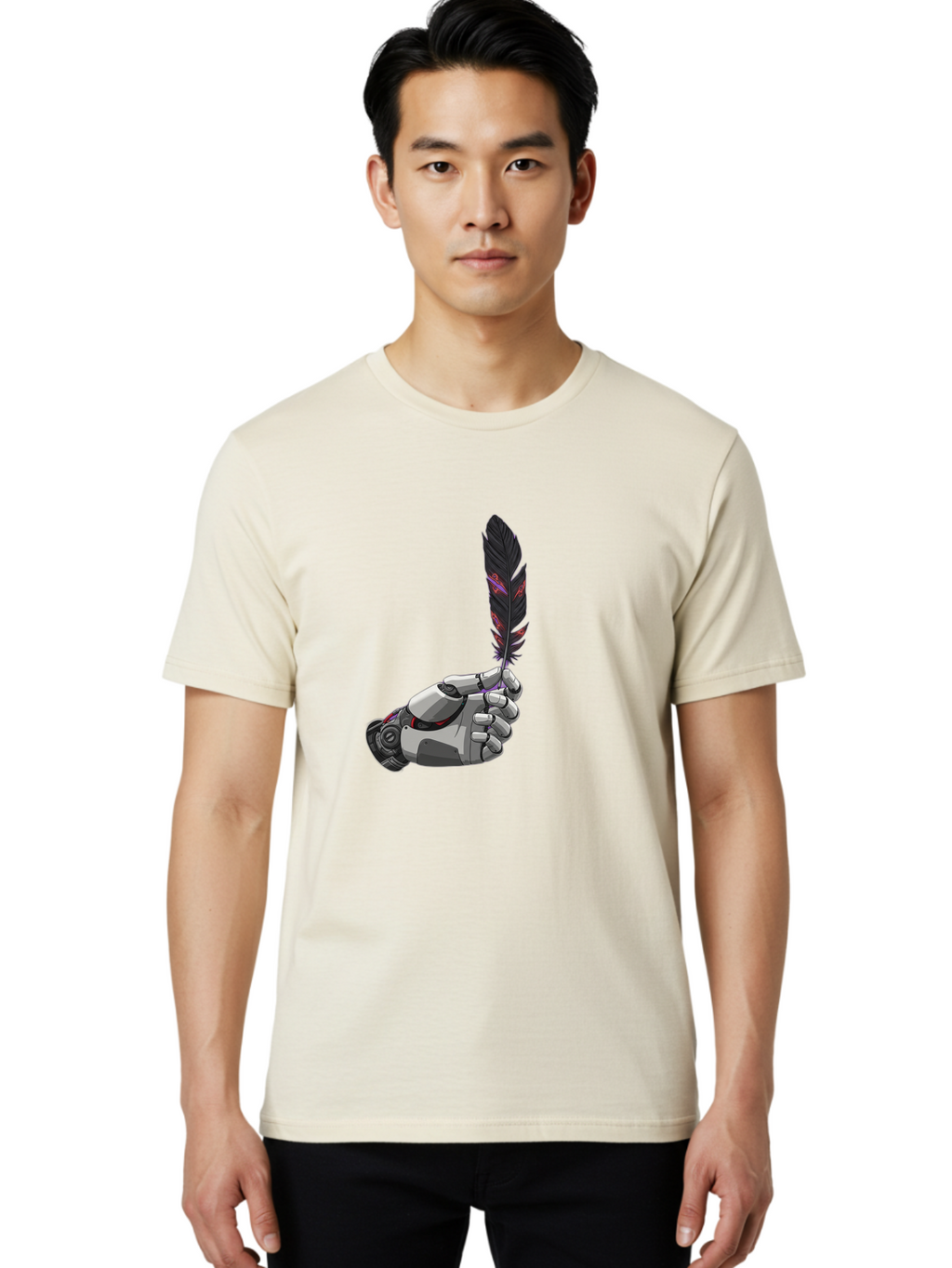 Robot-Hand-Holding-Feather Men'S Graphic Tee, 100% Cotton, Comfortable Casual Summer Wear, Machine Washable, Vintage Camera, Old Camera, Antique Camera, Black Camera, Classic Photography, Photography Equipment, Nostalgic Device, Film Camera, Bao803