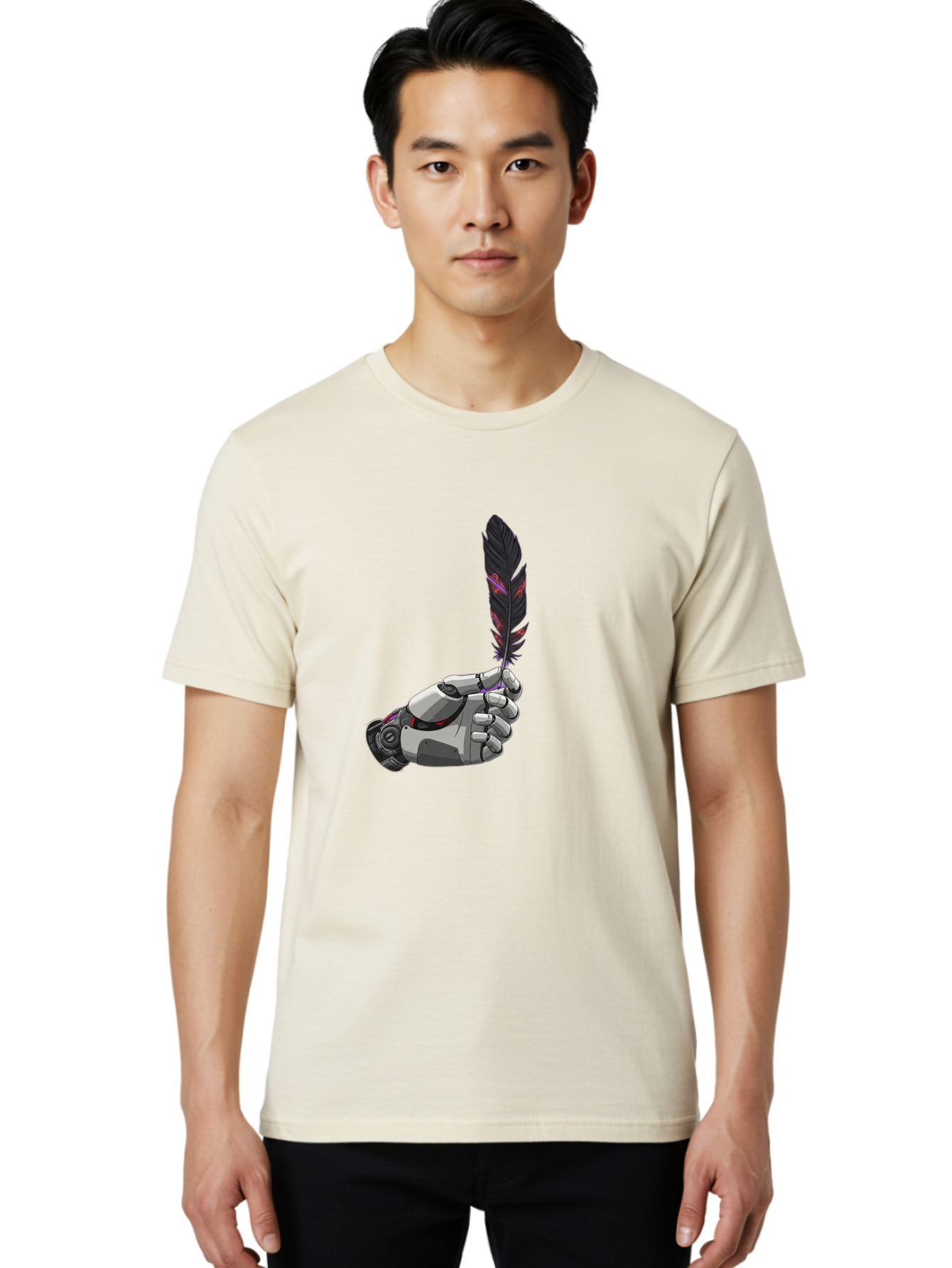 Robot-Hand-Holding-Feather Men'S Graphic Tee, 100% Cotton, Comfortable Casual Summer Wear, Machine Washable, Vintage Camera, Old Camera, Antique Camera, Black Camera, Classic Photography, Photography Equipment, Nostalgic Device, Film Camera, Bao803