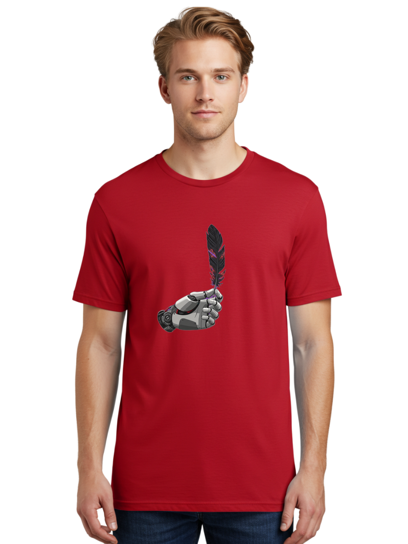 Robot-Hand-Holding-Feather Men'S Graphic Tee, 100% Cotton, Comfortable Casual Summer Wear, Machine Washable, Vintage Camera, Old Camera, Antique Camera, Black Camera, Classic Photography, Photography Equipment, Nostalgic Device, Film Camera, Bao803