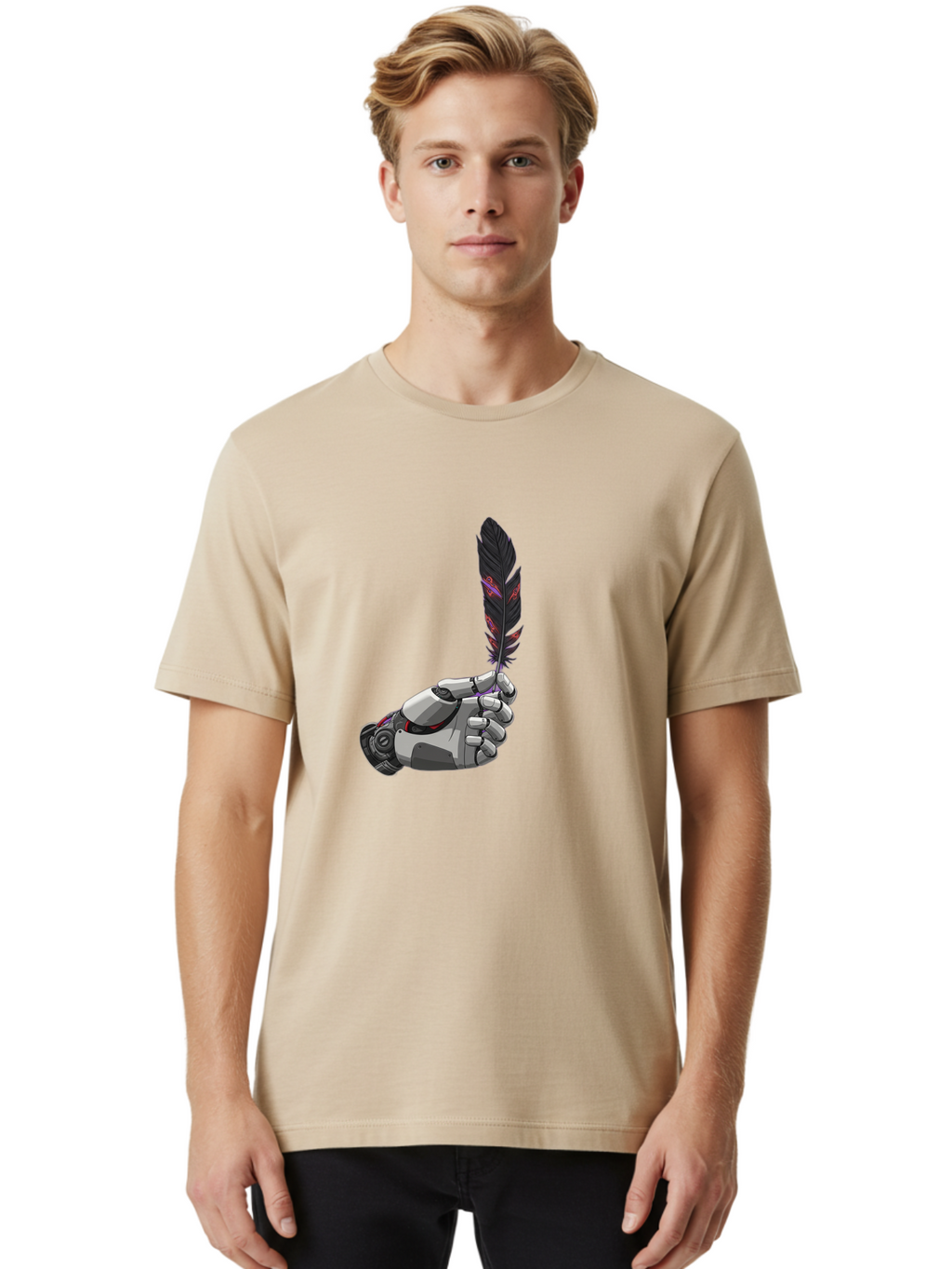 Robot-Hand-Holding-Feather Men'S Graphic Tee, 100% Cotton, Comfortable Casual Summer Wear, Machine Washable, Vintage Camera, Old Camera, Antique Camera, Black Camera, Classic Photography, Photography Equipment, Nostalgic Device, Film Camera, Bao803