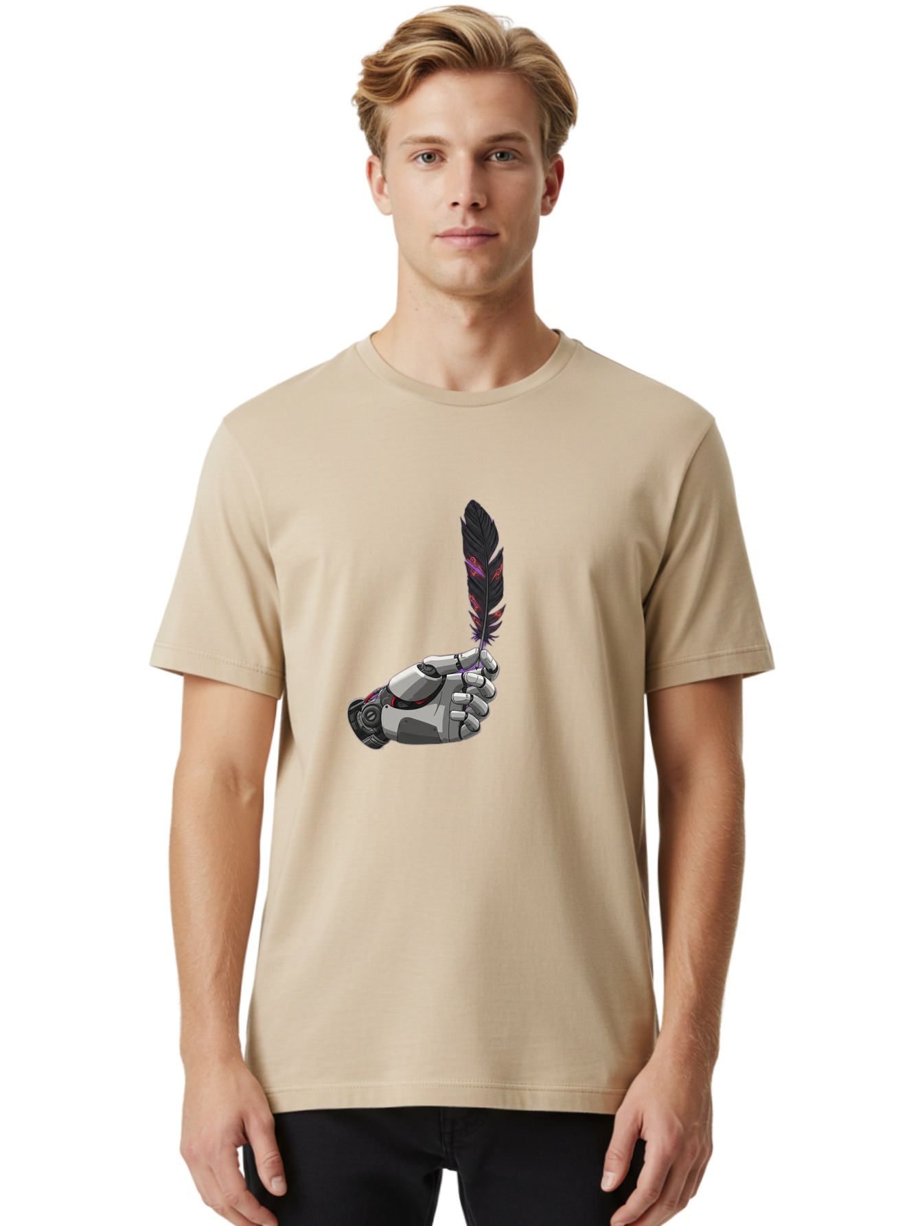 Robot-Hand-Holding-Feather Men'S Graphic Tee, 100% Cotton, Comfortable Casual Summer Wear, Machine Washable, Vintage Camera, Old Camera, Antique Camera, Black Camera, Classic Photography, Photography Equipment, Nostalgic Device, Film Camera, Bao803