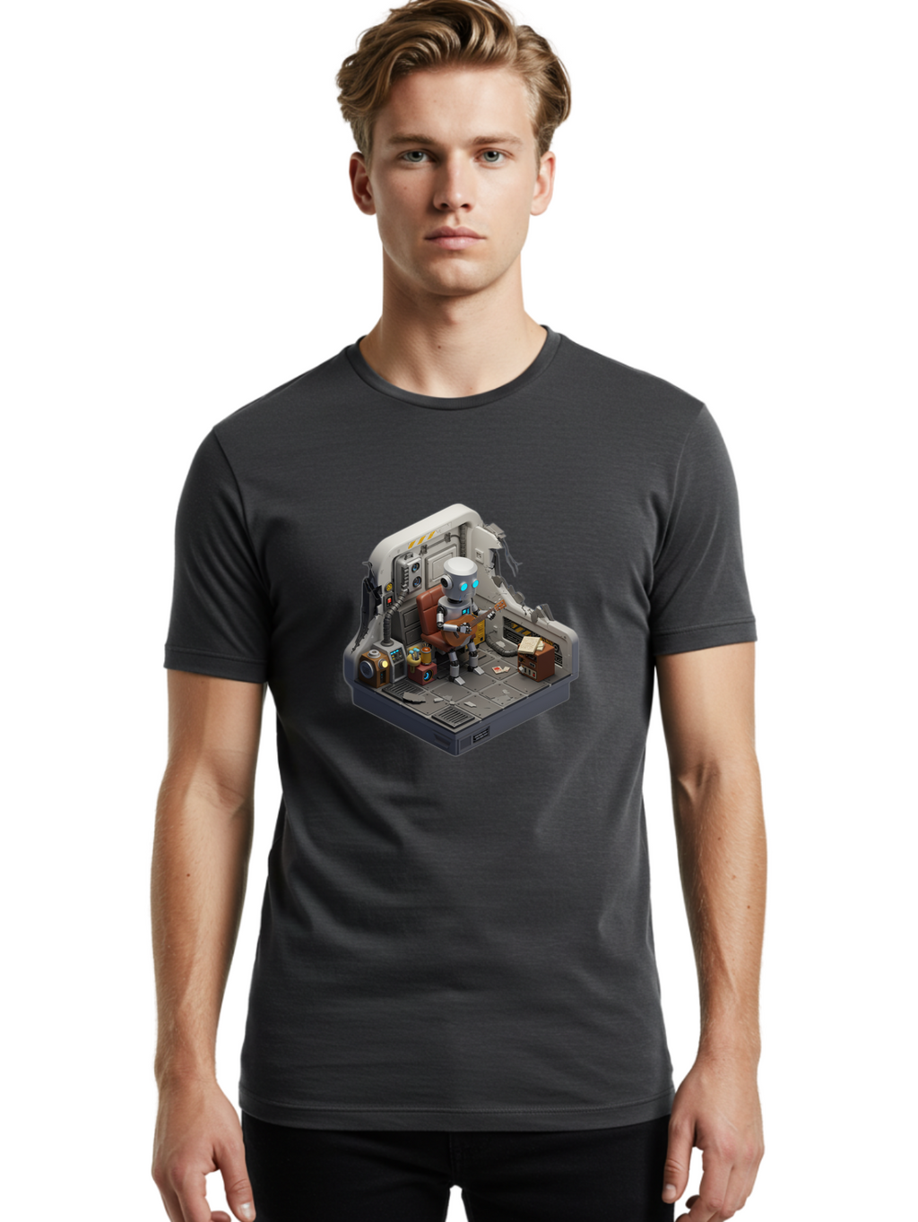 Robot-In-Control-Room Men'S Graphic Tee, 100% Cotton, Comfortable Casual Summer Wear, Machine Washable, Vintage Camera, Old Camera, Antique Camera, Black Camera, Classic Photography, Photography Equipment, Nostalgic Device, Film Camera, Bao804