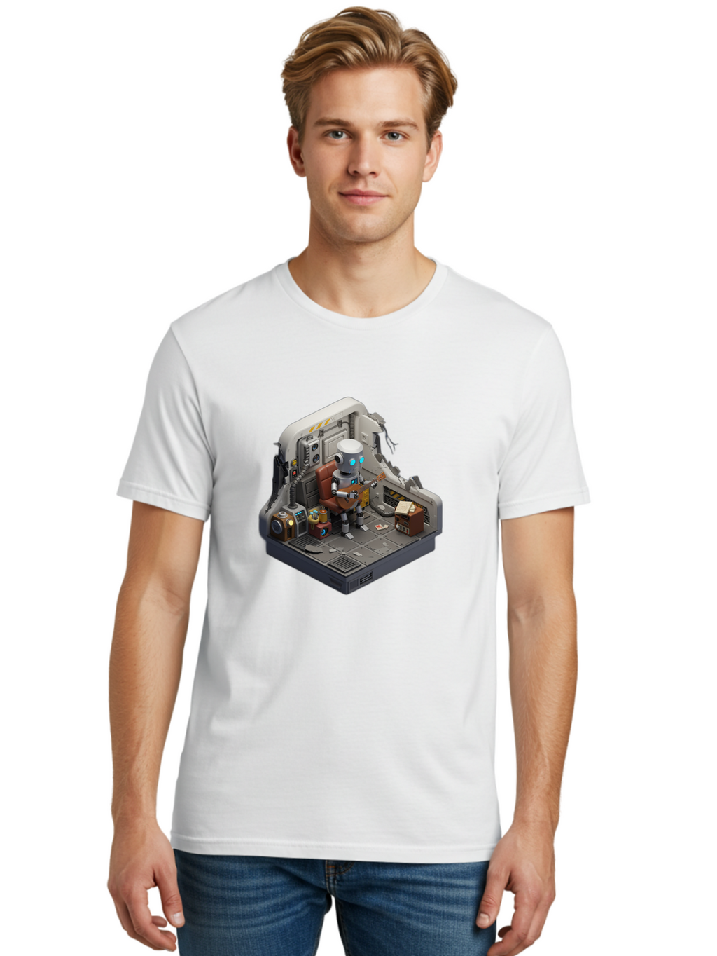 Robot-In-Control-Room Men'S Graphic Tee, 100% Cotton, Comfortable Casual Summer Wear, Machine Washable, Vintage Camera, Old Camera, Antique Camera, Black Camera, Classic Photography, Photography Equipment, Nostalgic Device, Film Camera, Bao804