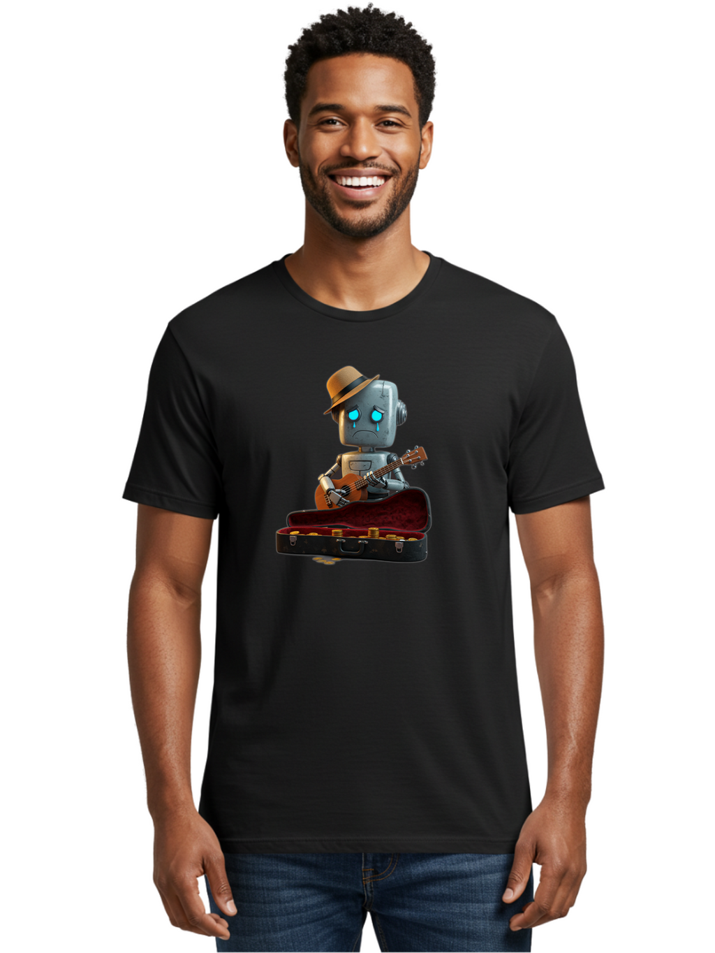 Sad-Robot-Musician Men'S Graphic Tee, 100% Cotton, Comfortable Casual Summer Wear, Machine Washable, Vintage Camera, Old Camera, Antique Camera, Black Camera, Classic Photography, Photography Equipment, Nostalgic Device, Film Camera, Bao837