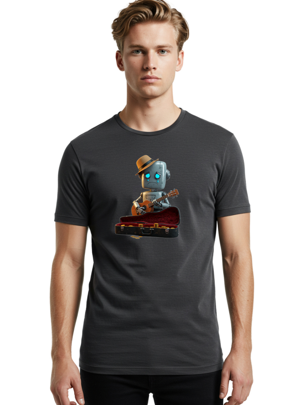 Sad-Robot-Musician Men'S Graphic Tee, 100% Cotton, Comfortable Casual Summer Wear, Machine Washable, Vintage Camera, Old Camera, Antique Camera, Black Camera, Classic Photography, Photography Equipment, Nostalgic Device, Film Camera, Bao837