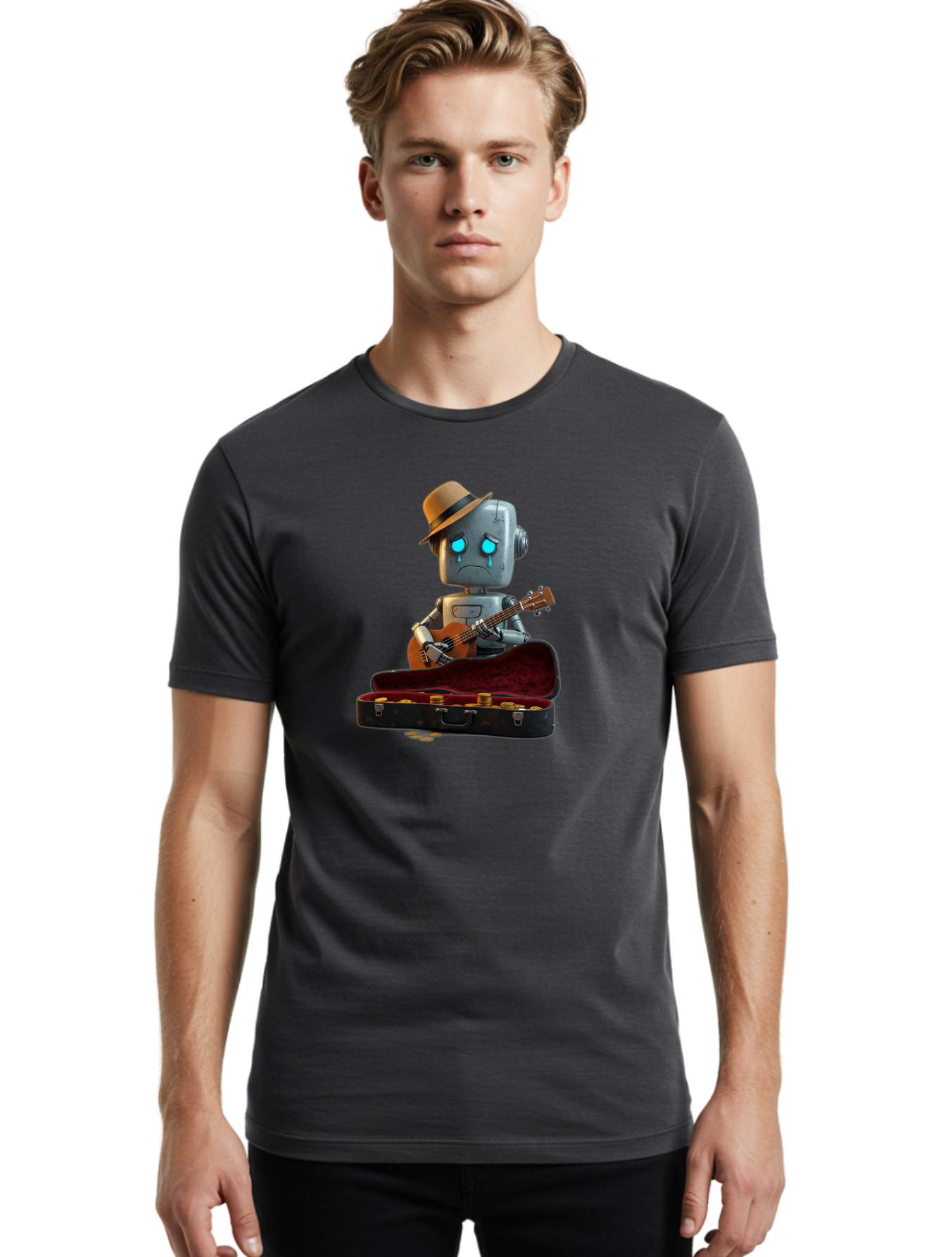 Sad-Robot-Musician Men'S Graphic Tee, 100% Cotton, Comfortable Casual Summer Wear, Machine Washable, Vintage Camera, Old Camera, Antique Camera, Black Camera, Classic Photography, Photography Equipment, Nostalgic Device, Film Camera, Bao837