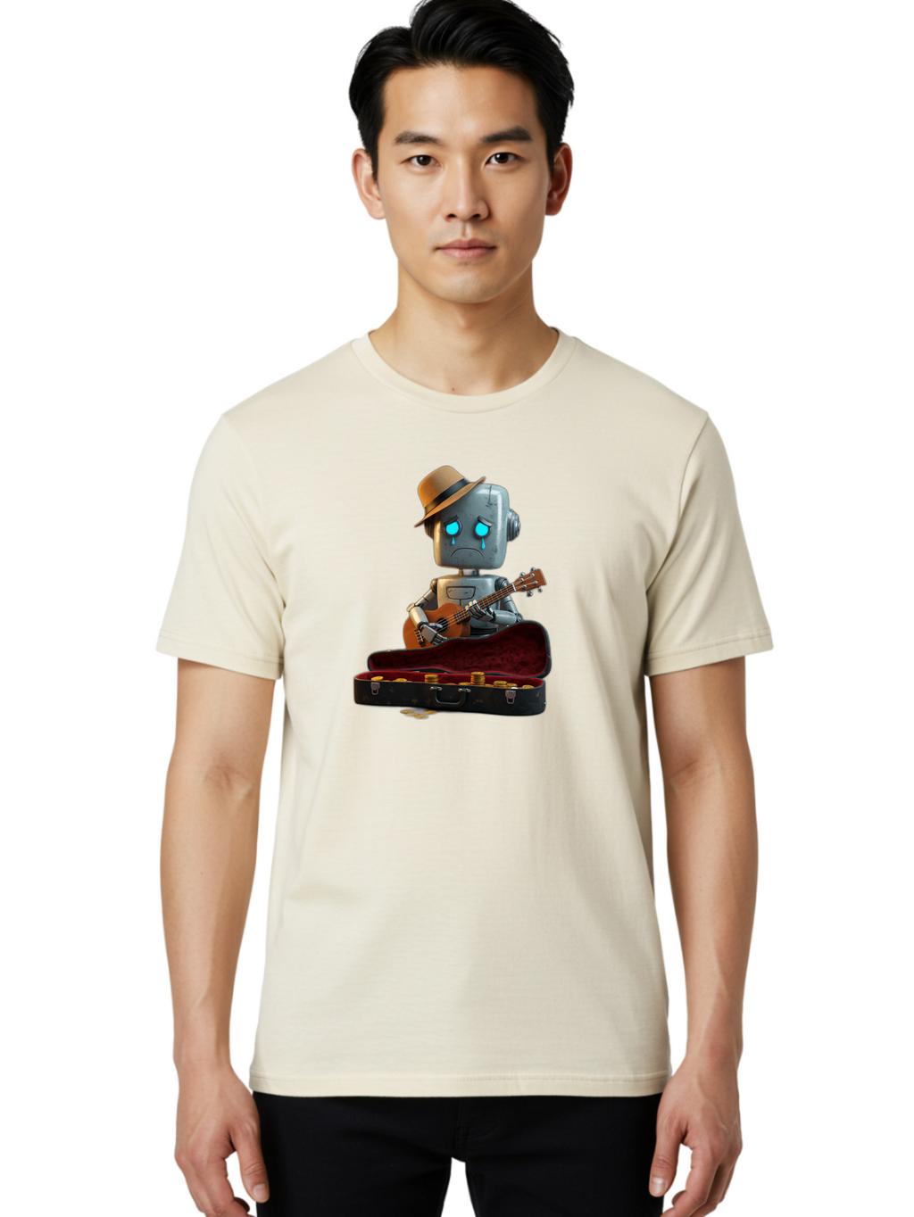 Sad-Robot-Musician Men'S Graphic Tee, 100% Cotton, Comfortable Casual Summer Wear, Machine Washable, Vintage Camera, Old Camera, Antique Camera, Black Camera, Classic Photography, Photography Equipment, Nostalgic Device, Film Camera, Bao837