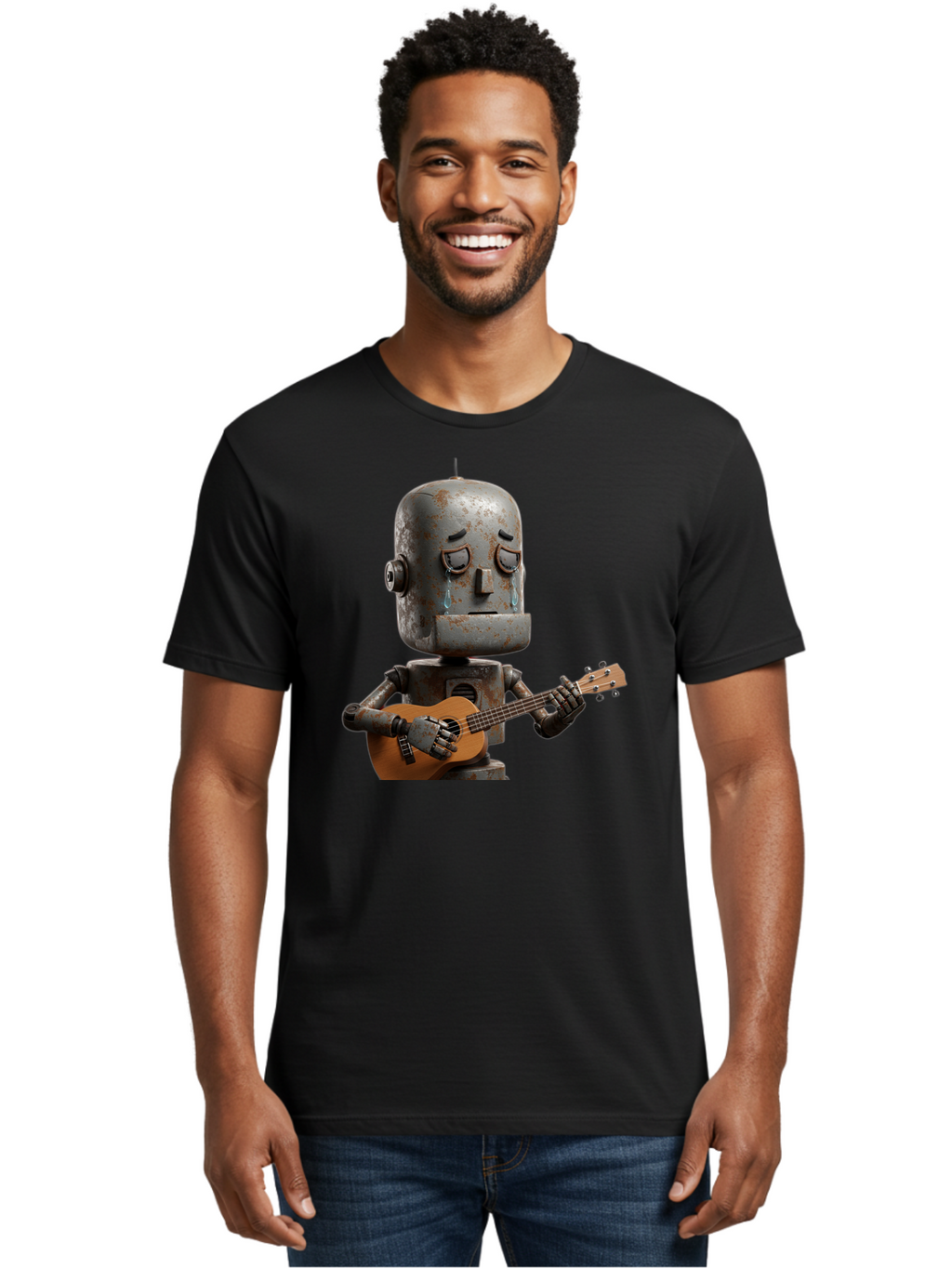 Sad-Robot-Playing-Guitar Men'S Graphic Tee, 100% Cotton, Comfortable Casual Summer Wear, Machine Washable, Vintage Camera, Old Camera, Antique Camera, Black Camera, Classic Photography, Photography Equipment, Nostalgic Device, Film Camera, Bao838