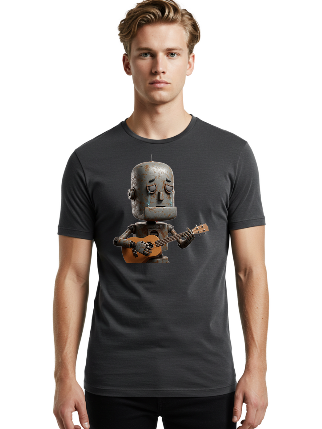 Sad-Robot-Playing-Guitar Men'S Graphic Tee, 100% Cotton, Comfortable Casual Summer Wear, Machine Washable, Vintage Camera, Old Camera, Antique Camera, Black Camera, Classic Photography, Photography Equipment, Nostalgic Device, Film Camera, Bao838