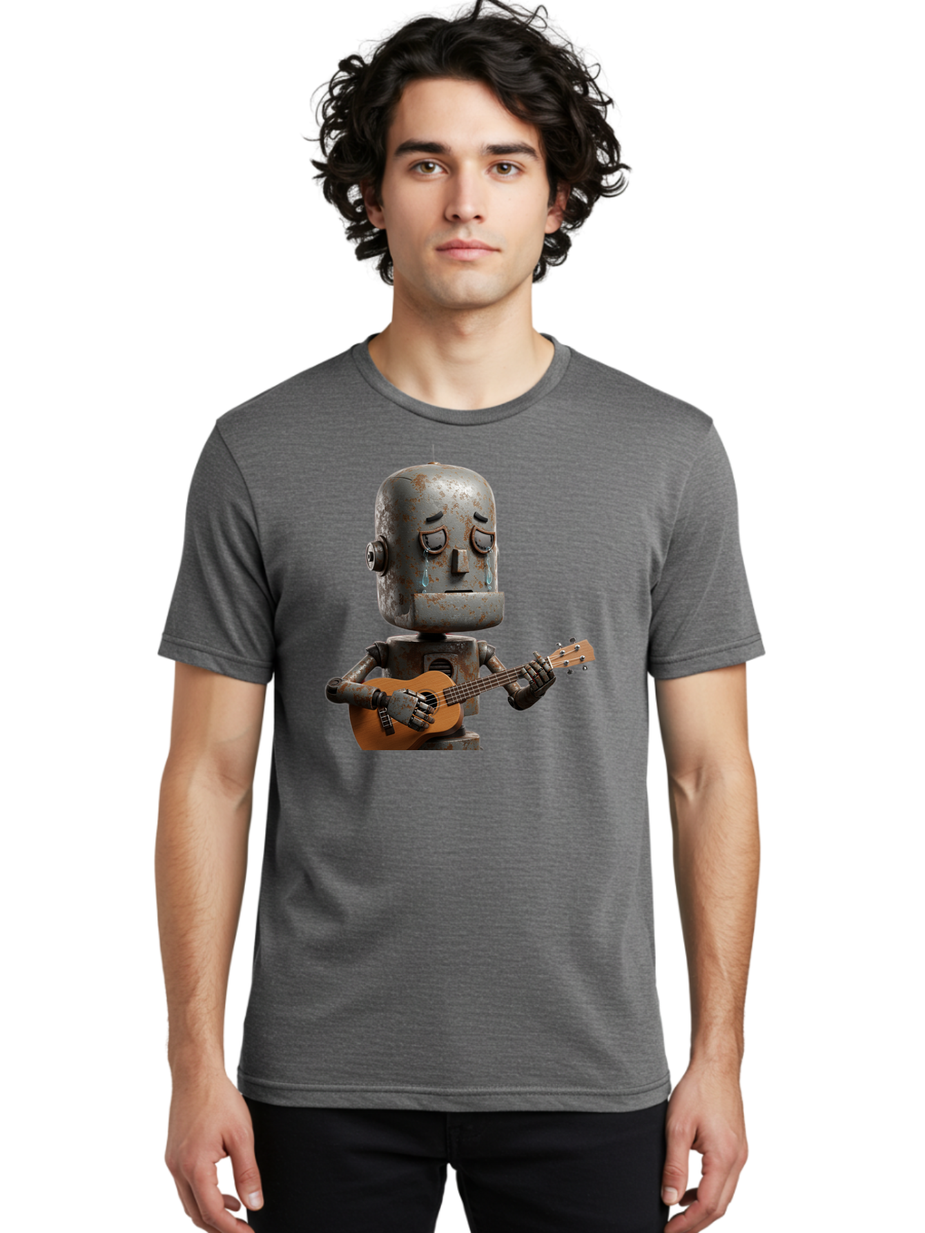 Sad-Robot-Playing-Guitar Men'S Graphic Tee, 100% Cotton, Comfortable Casual Summer Wear, Machine Washable, Vintage Camera, Old Camera, Antique Camera, Black Camera, Classic Photography, Photography Equipment, Nostalgic Device, Film Camera, Bao838