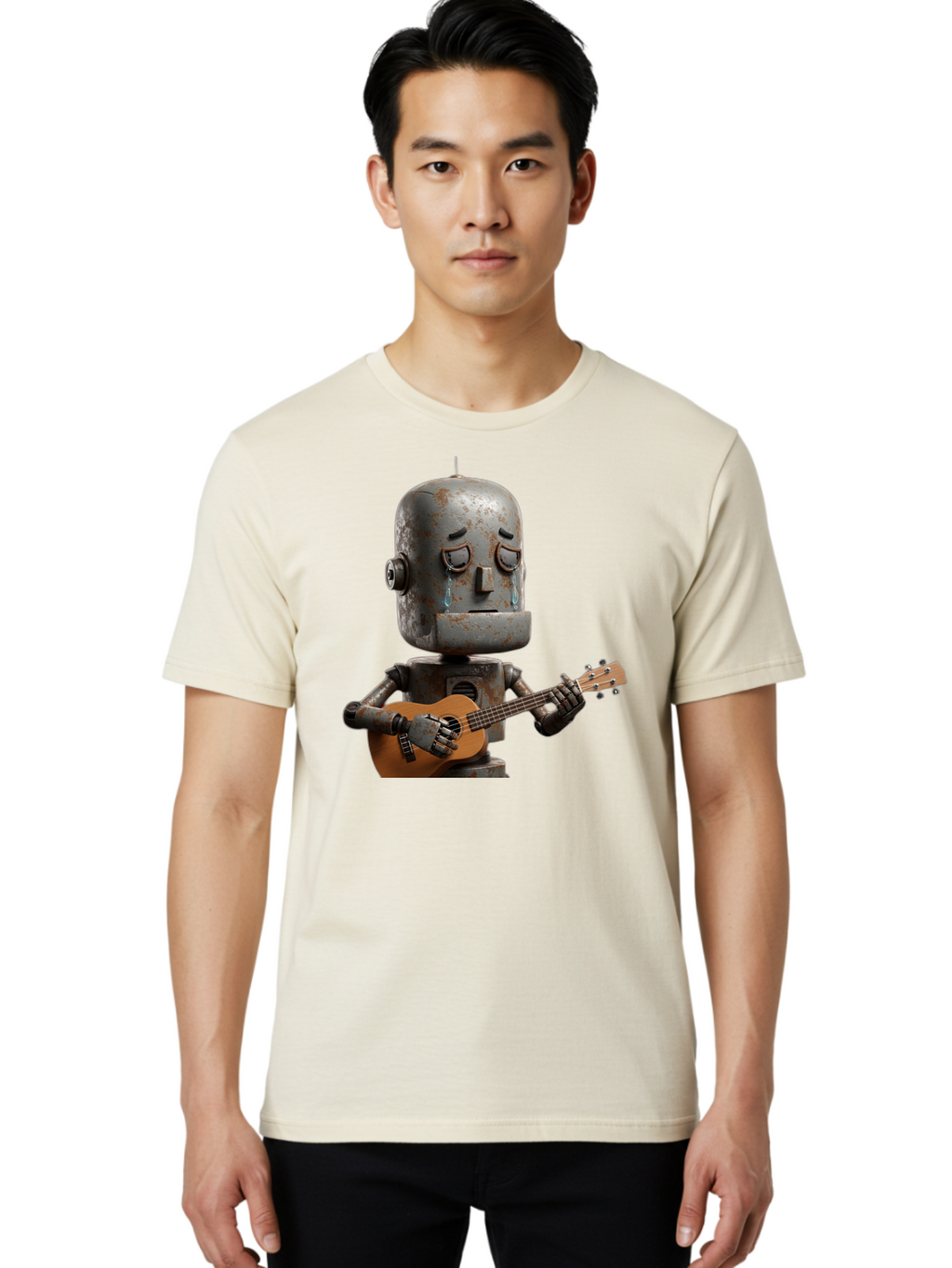 Sad-Robot-Playing-Guitar Men'S Graphic Tee, 100% Cotton, Comfortable Casual Summer Wear, Machine Washable, Vintage Camera, Old Camera, Antique Camera, Black Camera, Classic Photography, Photography Equipment, Nostalgic Device, Film Camera, Bao838