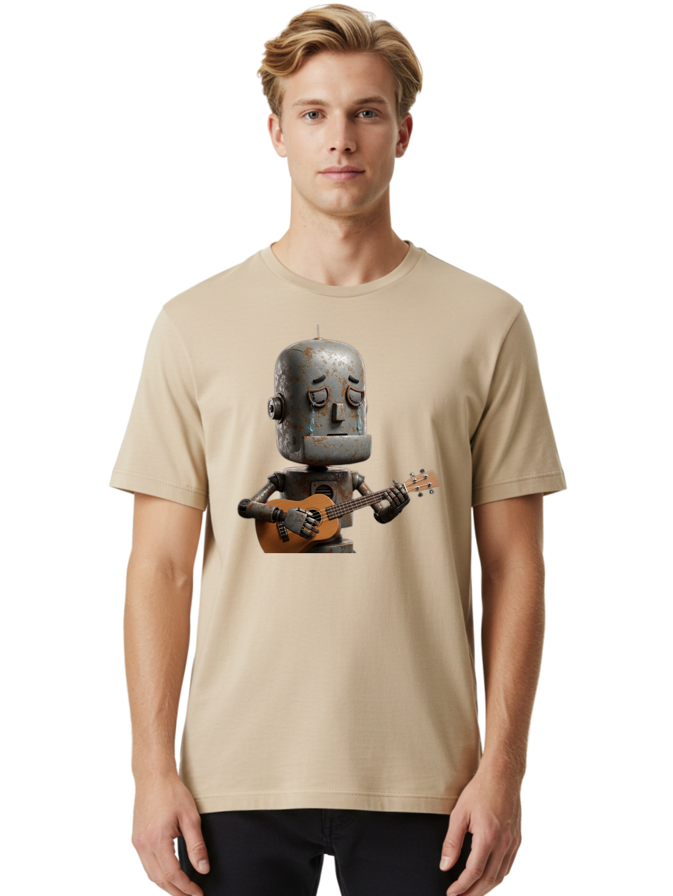 Sad-Robot-Playing-Guitar Men'S Graphic Tee, 100% Cotton, Comfortable Casual Summer Wear, Machine Washable, Vintage Camera, Old Camera, Antique Camera, Black Camera, Classic Photography, Photography Equipment, Nostalgic Device, Film Camera, Bao838