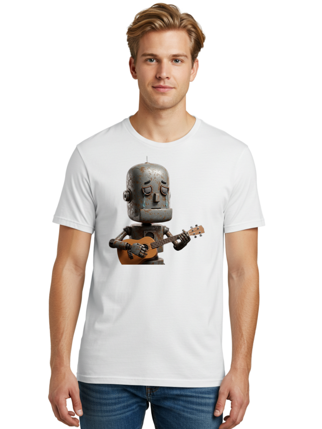 Sad-Robot-Playing-Guitar Men'S Graphic Tee, 100% Cotton, Comfortable Casual Summer Wear, Machine Washable, Vintage Camera, Old Camera, Antique Camera, Black Camera, Classic Photography, Photography Equipment, Nostalgic Device, Film Camera, Bao838