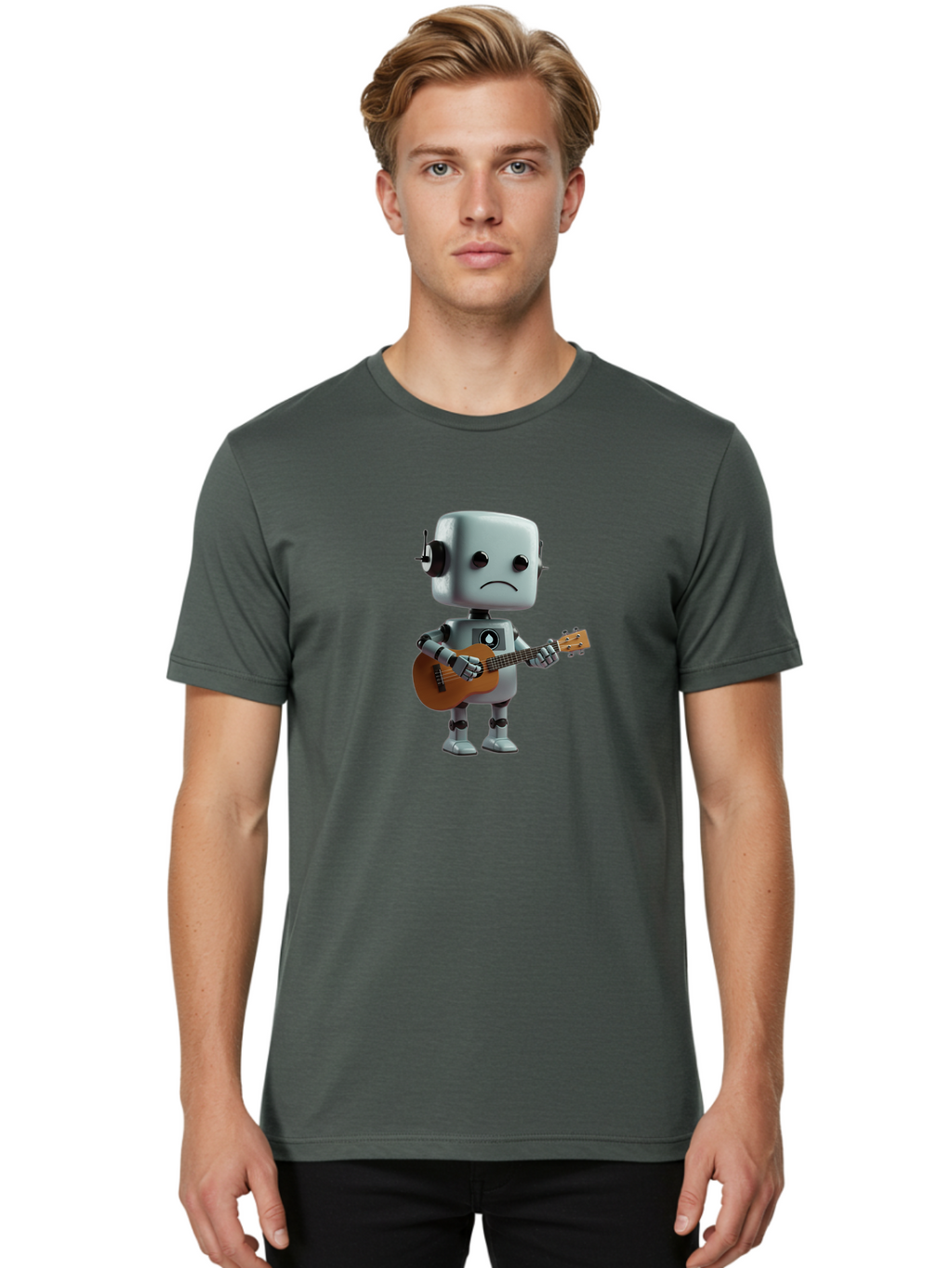 Sad-Robot-With-Guitar-1 Men'S Graphic Tee, 100% Cotton, Comfortable Casual Summer Wear, Machine Washable, Vintage Camera, Old Camera, Antique Camera, Black Camera, Classic Photography, Photography Equipment, Nostalgic Device, Film Camera, Bao839
