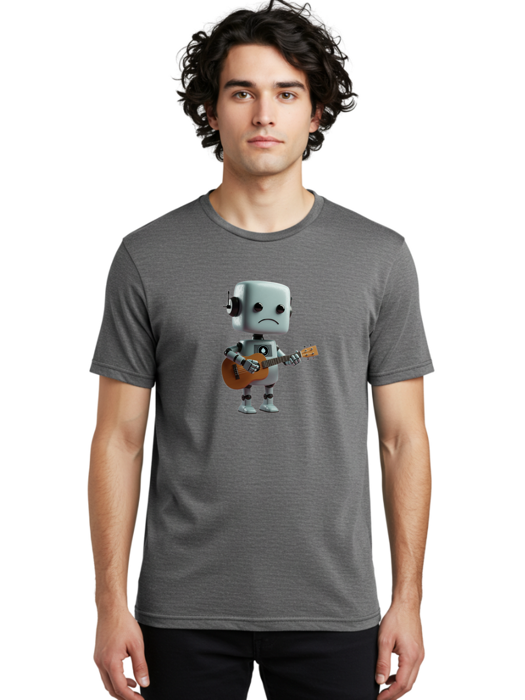 Sad-Robot-With-Guitar-1 Men'S Graphic Tee, 100% Cotton, Comfortable Casual Summer Wear, Machine Washable, Vintage Camera, Old Camera, Antique Camera, Black Camera, Classic Photography, Photography Equipment, Nostalgic Device, Film Camera, Bao839