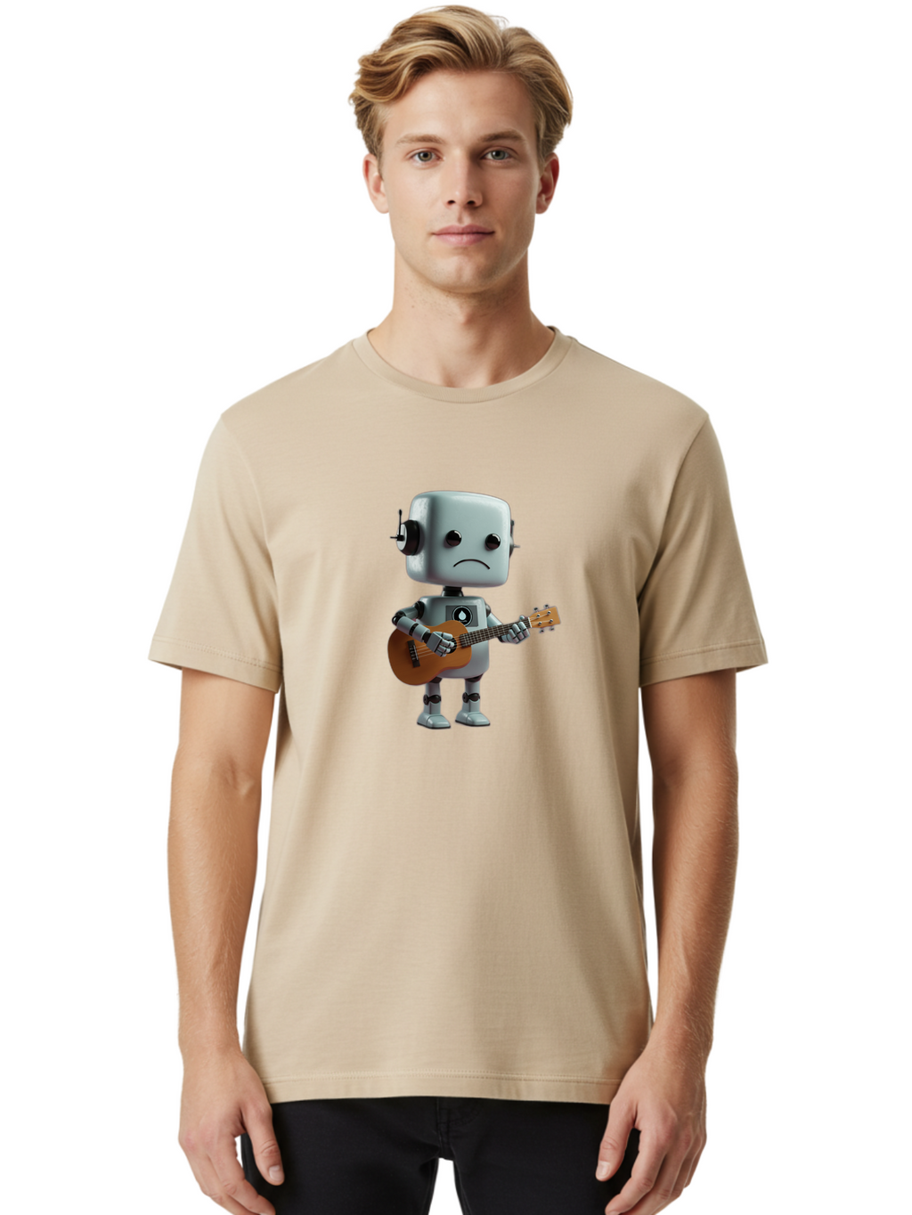 Sad-Robot-With-Guitar-1 Men'S Graphic Tee, 100% Cotton, Comfortable Casual Summer Wear, Machine Washable, Vintage Camera, Old Camera, Antique Camera, Black Camera, Classic Photography, Photography Equipment, Nostalgic Device, Film Camera, Bao839