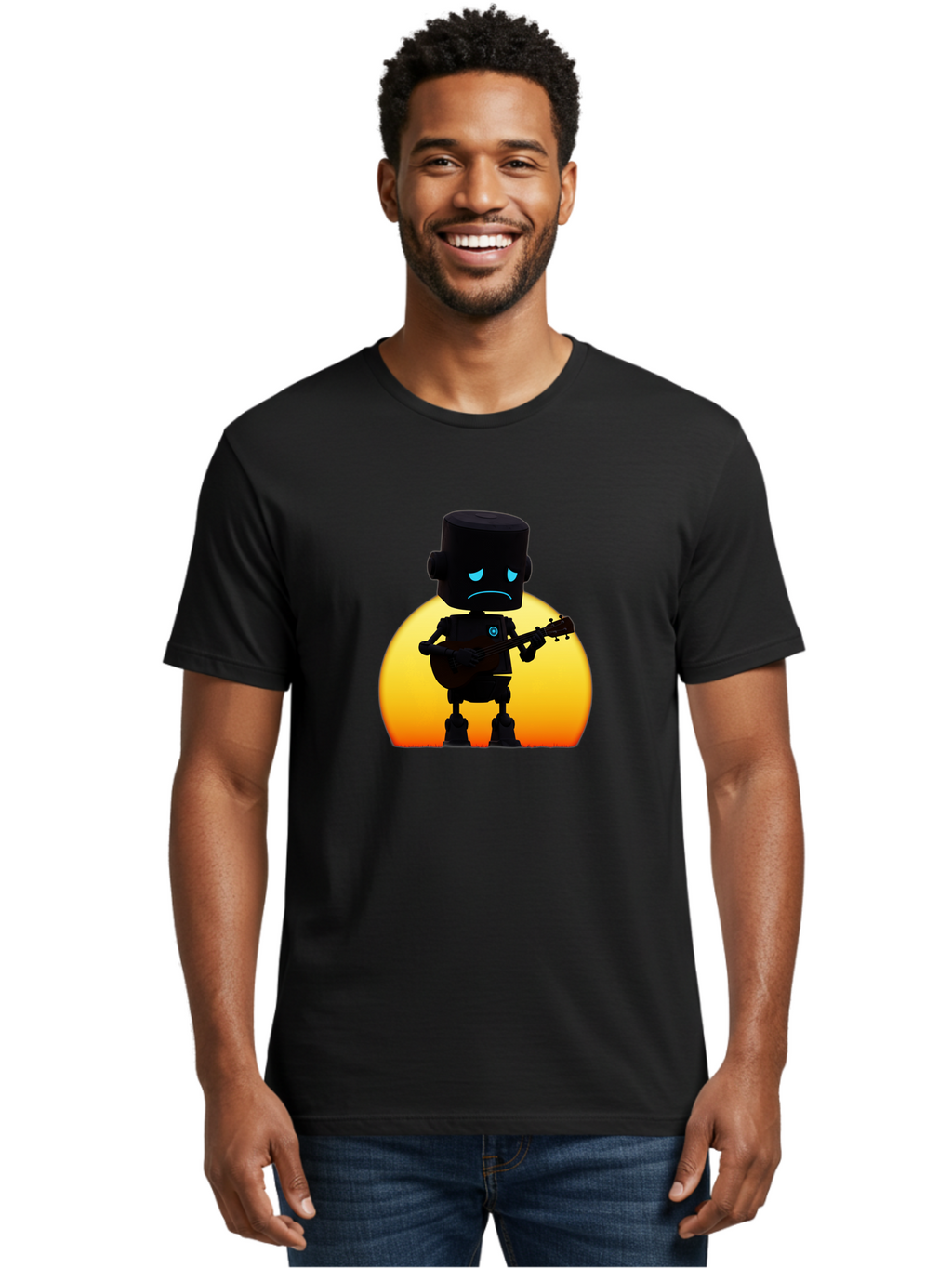 Sad-Robot-With-Guitar-2 Men'S Graphic Tee, 100% Cotton, Comfortable Casual Summer Wear, Machine Washable, Vintage Camera, Old Camera, Antique Camera, Black Camera, Classic Photography, Photography Equipment, Nostalgic Device, Film Camera, Bao840