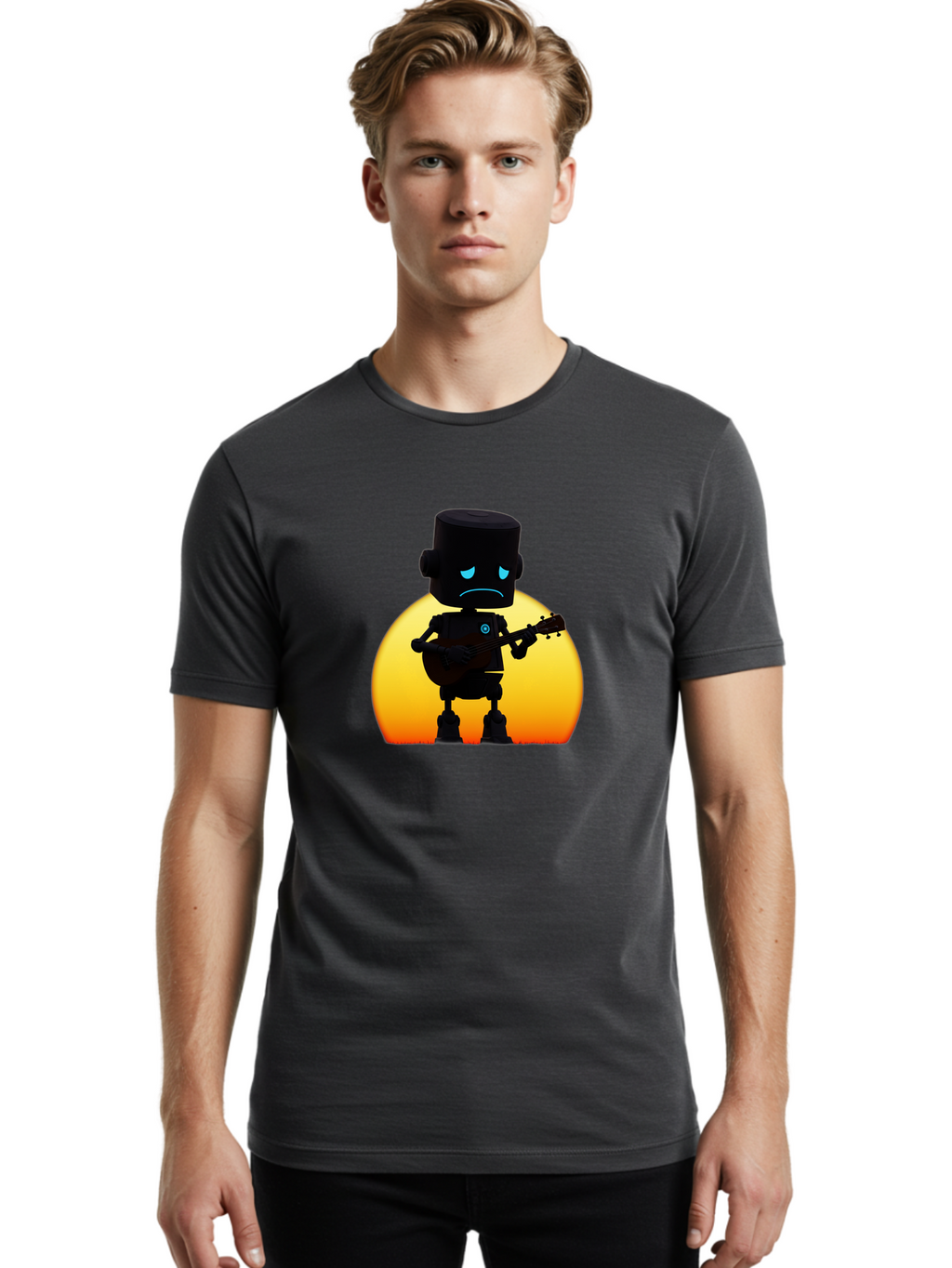 Sad-Robot-With-Guitar-2 Men'S Graphic Tee, 100% Cotton, Comfortable Casual Summer Wear, Machine Washable, Vintage Camera, Old Camera, Antique Camera, Black Camera, Classic Photography, Photography Equipment, Nostalgic Device, Film Camera, Bao840