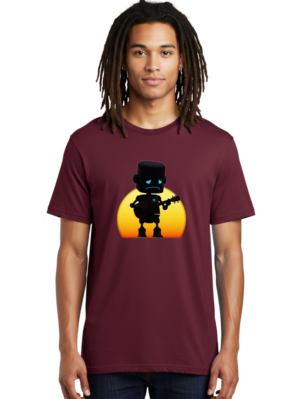 Sad-Robot-With-Guitar-2 Men'S Graphic Tee, 100% Cotton, Comfortable Casual Summer Wear, Machine Washable, Vintage Camera, Old Camera, Antique Camera, Black Camera, Classic Photography, Photography Equipment, Nostalgic Device, Film Camera, Bao840