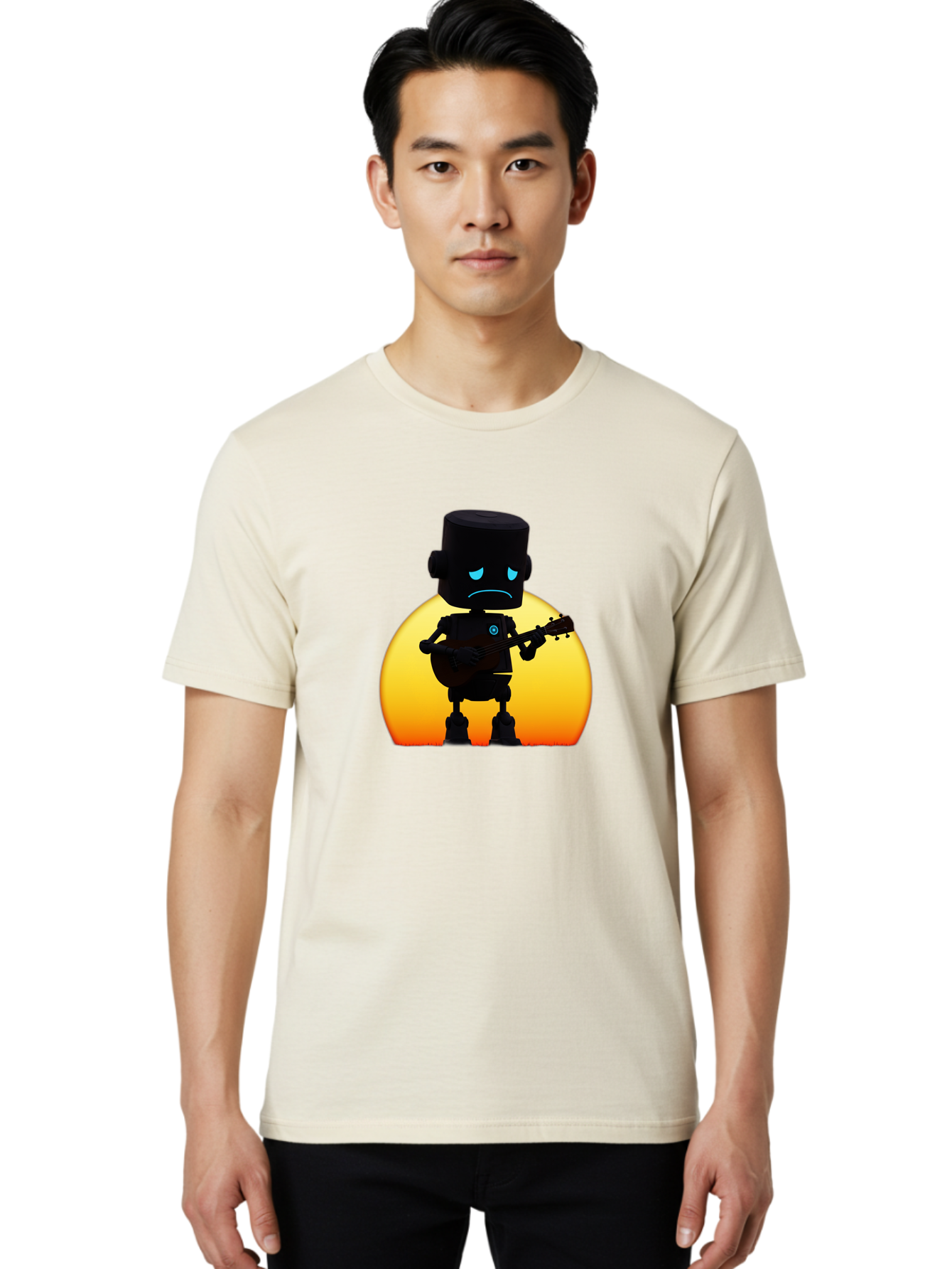 Sad-Robot-With-Guitar-2 Men'S Graphic Tee, 100% Cotton, Comfortable Casual Summer Wear, Machine Washable, Vintage Camera, Old Camera, Antique Camera, Black Camera, Classic Photography, Photography Equipment, Nostalgic Device, Film Camera, Bao840