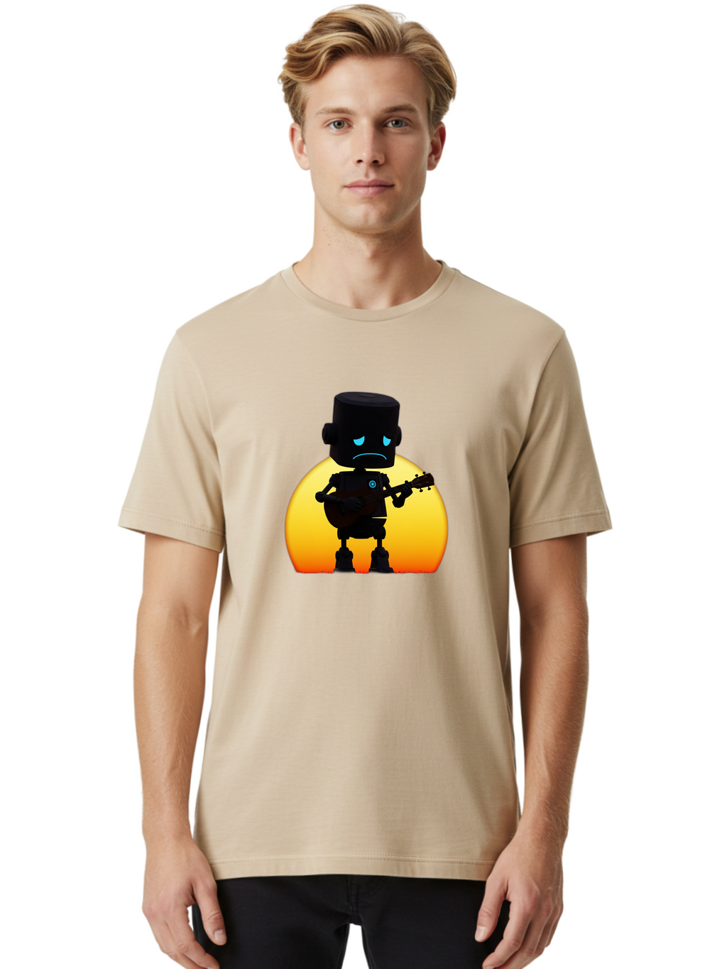 Sad-Robot-With-Guitar-2 Men'S Graphic Tee, 100% Cotton, Comfortable Casual Summer Wear, Machine Washable, Vintage Camera, Old Camera, Antique Camera, Black Camera, Classic Photography, Photography Equipment, Nostalgic Device, Film Camera, Bao840