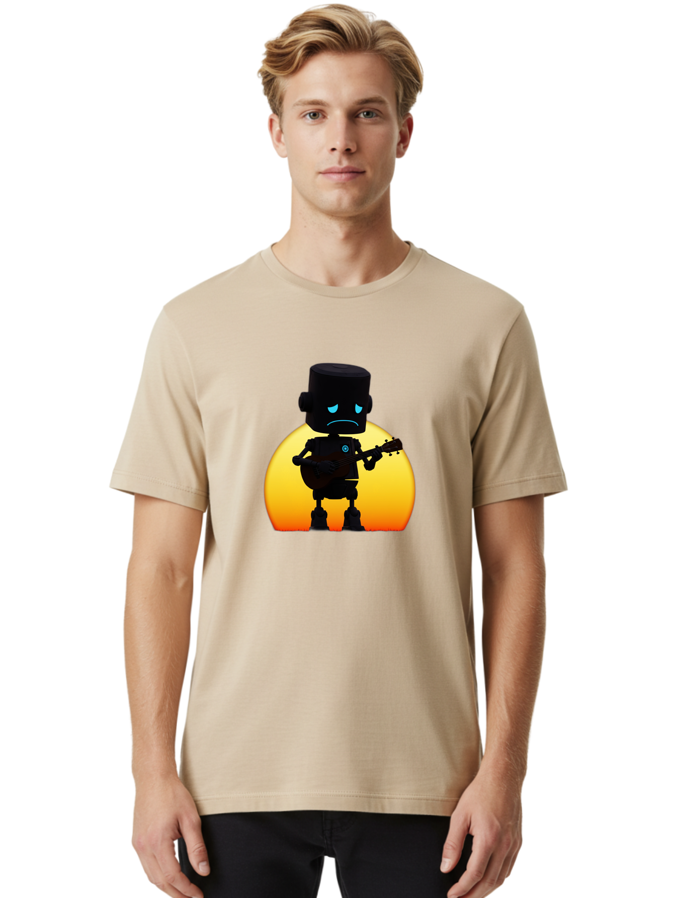 Sad-Robot-With-Guitar-2 Men'S Graphic Tee, 100% Cotton, Comfortable Casual Summer Wear, Machine Washable, Vintage Camera, Old Camera, Antique Camera, Black Camera, Classic Photography, Photography Equipment, Nostalgic Device, Film Camera, Bao840