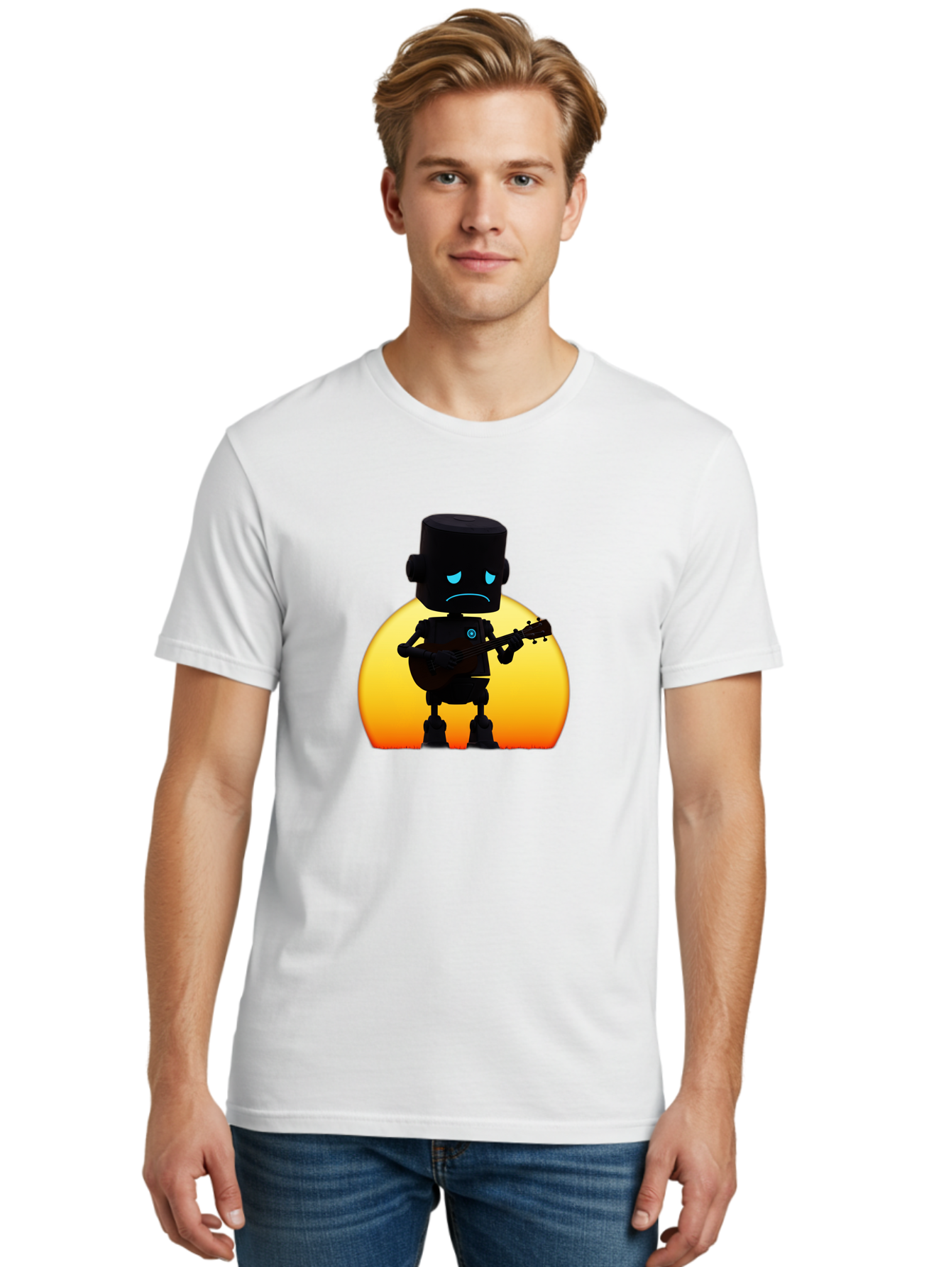 Sad-Robot-With-Guitar-2 Men'S Graphic Tee, 100% Cotton, Comfortable Casual Summer Wear, Machine Washable, Vintage Camera, Old Camera, Antique Camera, Black Camera, Classic Photography, Photography Equipment, Nostalgic Device, Film Camera, Bao840