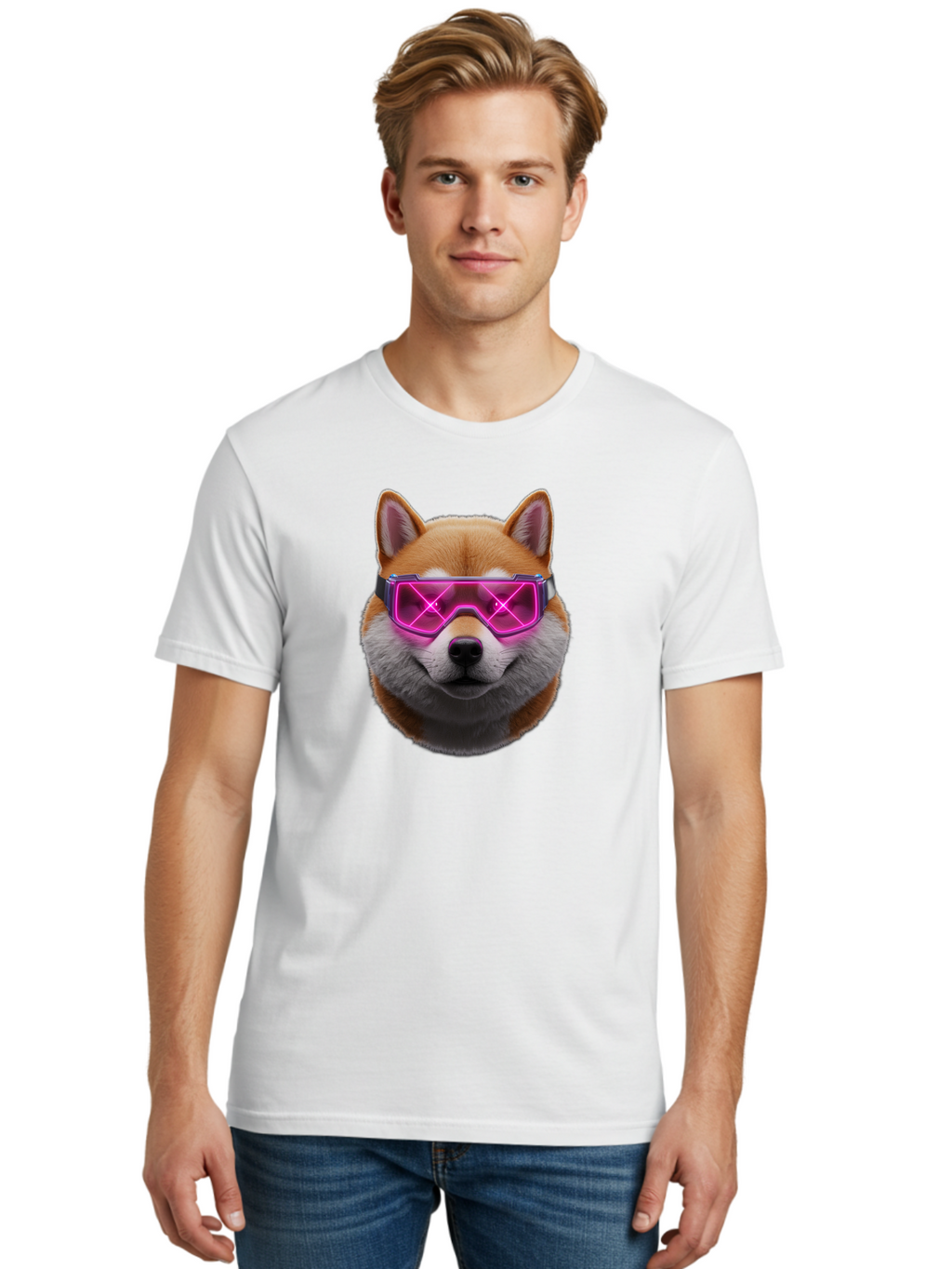 Shiba-Inu-With-Neon-Glasses Men'S Graphic Tee, 100% Cotton, Comfortable Casual Summer Wear, Machine Washable, Vintage Camera, Old Camera, Antique Camera, Black Camera, Classic Photography, Photography Equipment, Nostalgic Device, Film Camera, Bao865