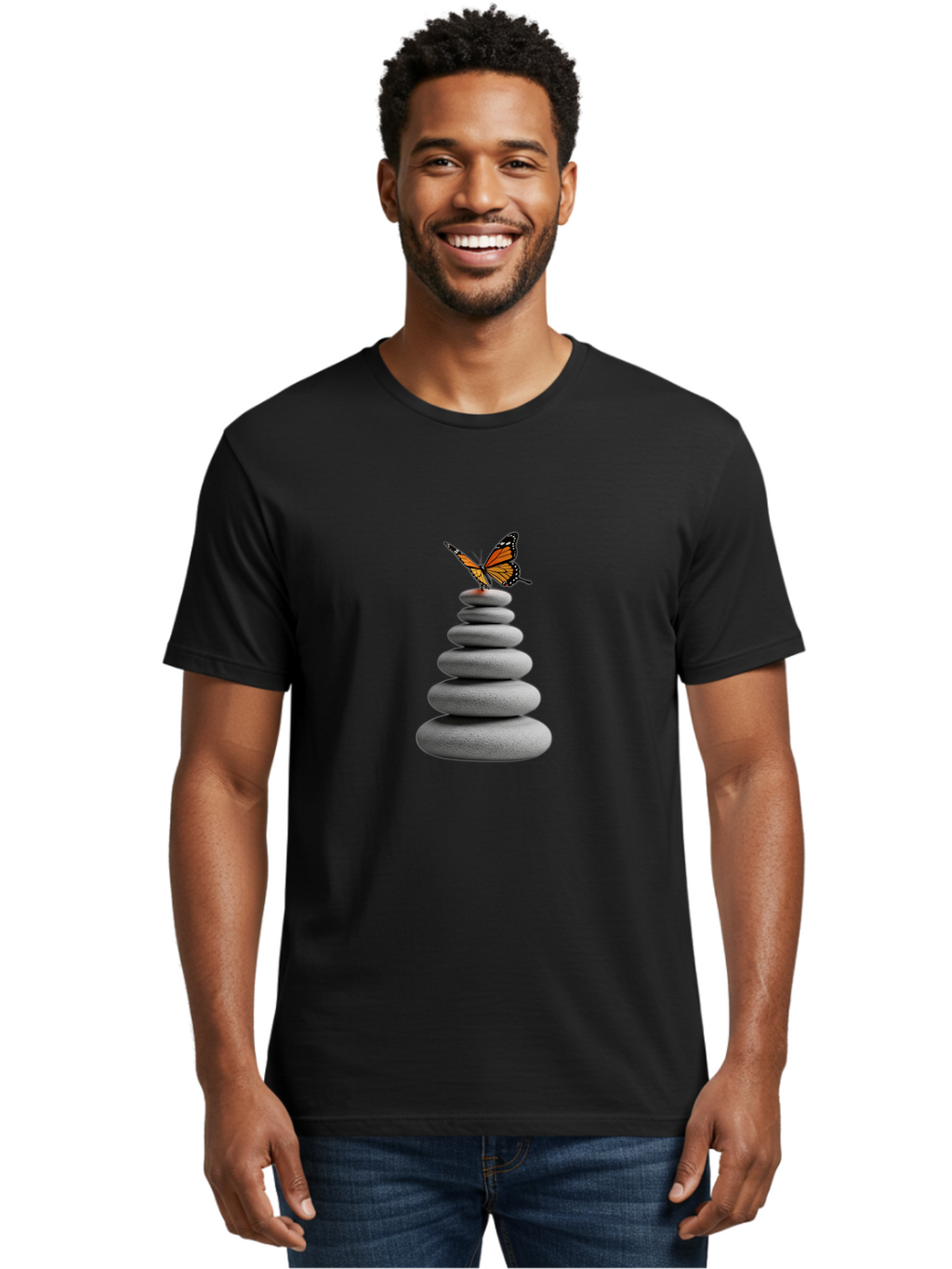 Stacked-Stones-With-Monarch Men'S Graphic Tee, 100% Cotton, Comfortable Casual Summer Wear, Machine Washable, Vintage Camera, Old Camera, Antique Camera, Black Camera, Classic Photography, Photography Equipment, Nostalgic Device, Film Camera, Bao920