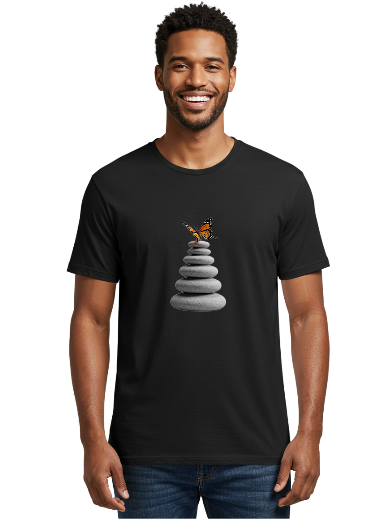 Stacked-Stones-With-Monarch Men'S Graphic Tee, 100% Cotton, Comfortable Casual Summer Wear, Machine Washable, Vintage Camera, Old Camera, Antique Camera, Black Camera, Classic Photography, Photography Equipment, Nostalgic Device, Film Camera, Bao920