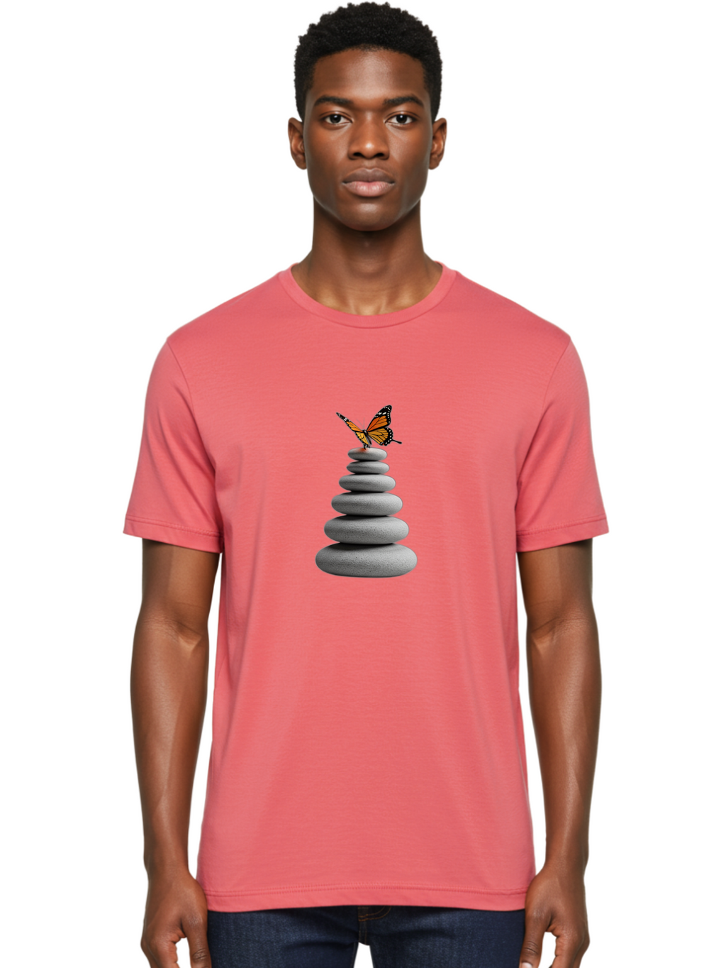 Stacked-Stones-With-Monarch Men'S Graphic Tee, 100% Cotton, Comfortable Casual Summer Wear, Machine Washable, Vintage Camera, Old Camera, Antique Camera, Black Camera, Classic Photography, Photography Equipment, Nostalgic Device, Film Camera, Bao920