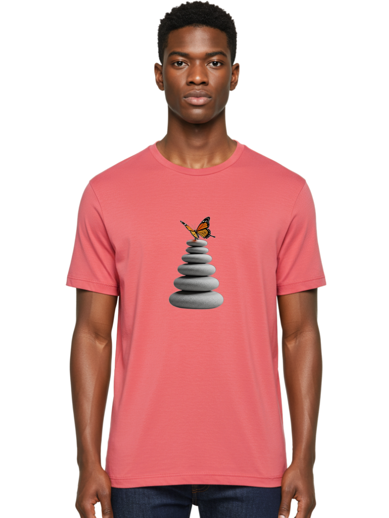 Stacked-Stones-With-Monarch Men'S Graphic Tee, 100% Cotton, Comfortable Casual Summer Wear, Machine Washable, Vintage Camera, Old Camera, Antique Camera, Black Camera, Classic Photography, Photography Equipment, Nostalgic Device, Film Camera, Bao920