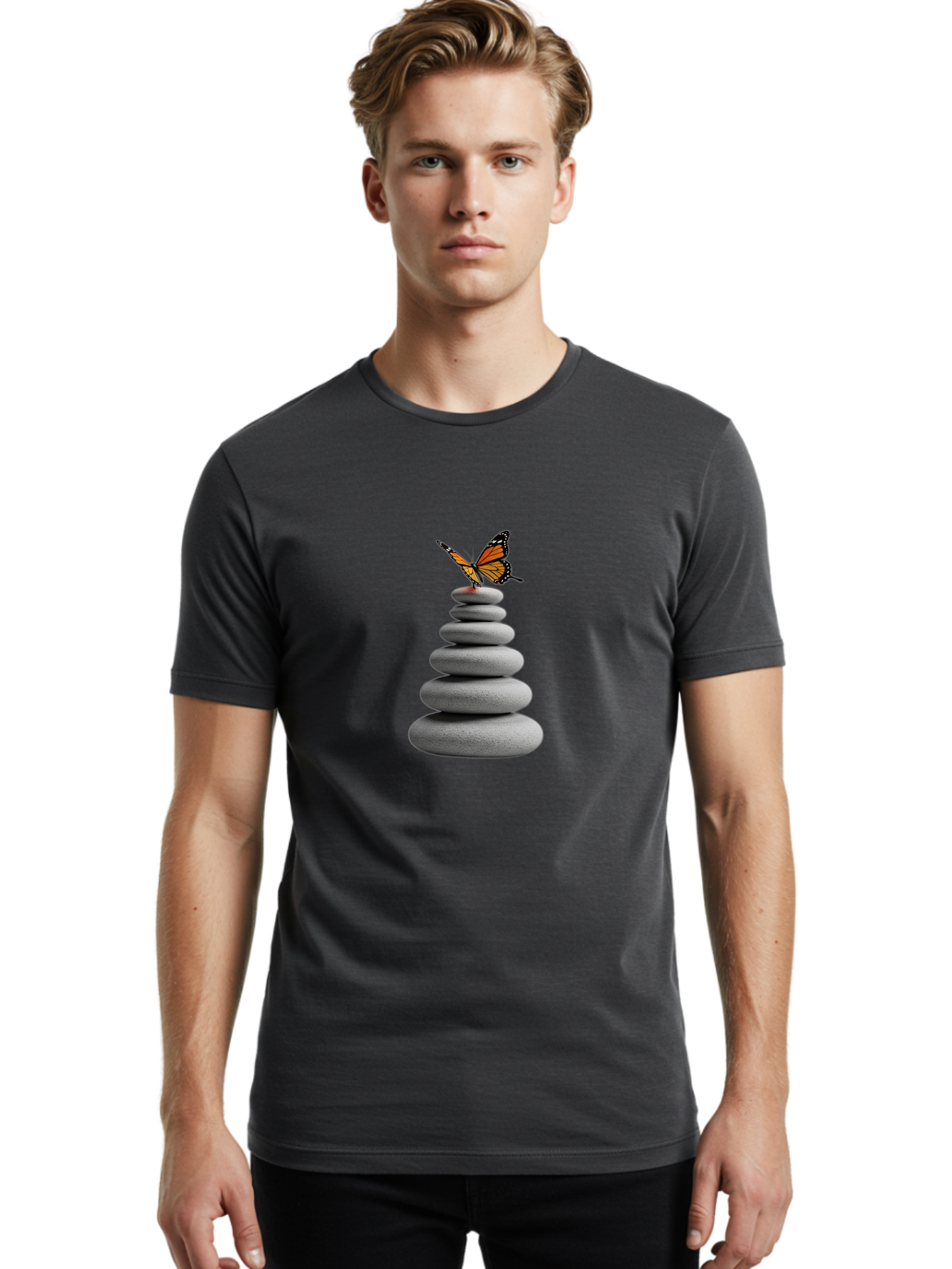 Stacked-Stones-With-Monarch Men'S Graphic Tee, 100% Cotton, Comfortable Casual Summer Wear, Machine Washable, Vintage Camera, Old Camera, Antique Camera, Black Camera, Classic Photography, Photography Equipment, Nostalgic Device, Film Camera, Bao920