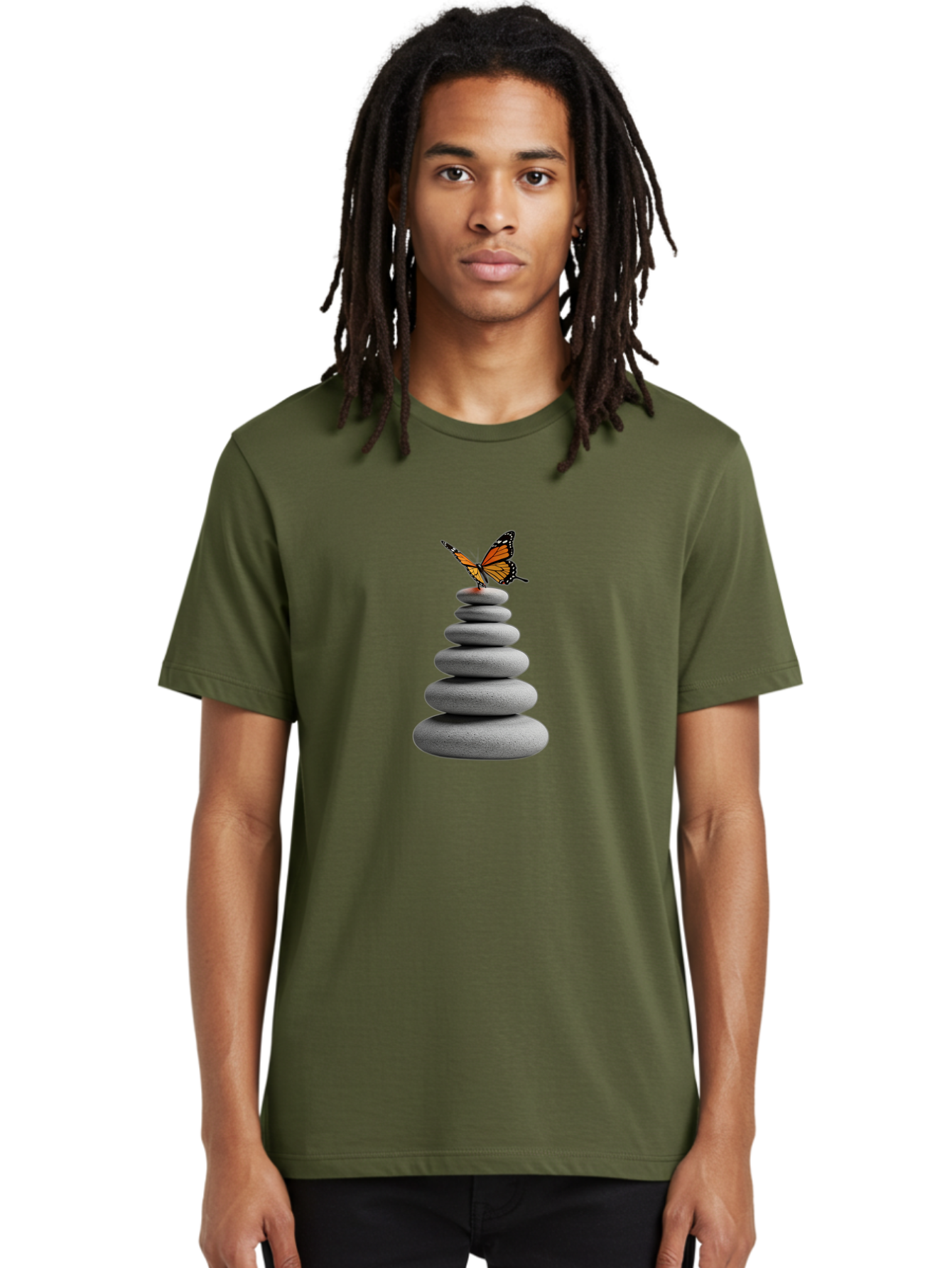 Stacked-Stones-With-Monarch Men'S Graphic Tee, 100% Cotton, Comfortable Casual Summer Wear, Machine Washable, Vintage Camera, Old Camera, Antique Camera, Black Camera, Classic Photography, Photography Equipment, Nostalgic Device, Film Camera, Bao920