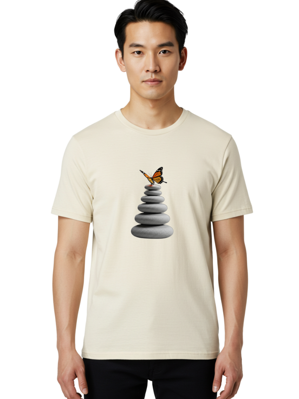 Stacked-Stones-With-Monarch Men'S Graphic Tee, 100% Cotton, Comfortable Casual Summer Wear, Machine Washable, Vintage Camera, Old Camera, Antique Camera, Black Camera, Classic Photography, Photography Equipment, Nostalgic Device, Film Camera, Bao920