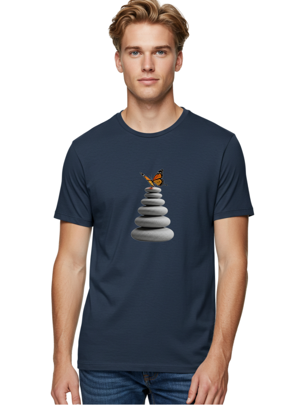 Stacked-Stones-With-Monarch Men'S Graphic Tee, 100% Cotton, Comfortable Casual Summer Wear, Machine Washable, Vintage Camera, Old Camera, Antique Camera, Black Camera, Classic Photography, Photography Equipment, Nostalgic Device, Film Camera, Bao920